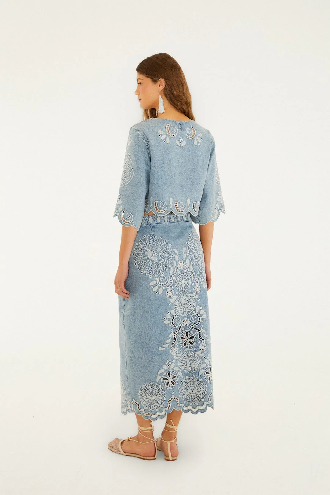 Denim Richelieu Wavy Hem Midi Skirt - Image 3