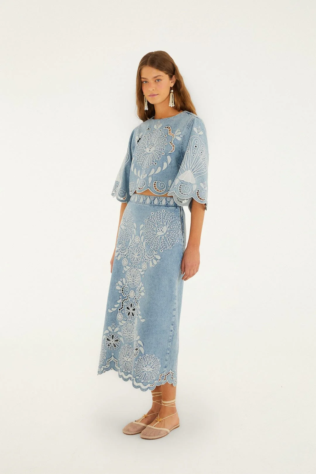 Denim Richelieu Wavy Hem Midi Skirt - Image 5