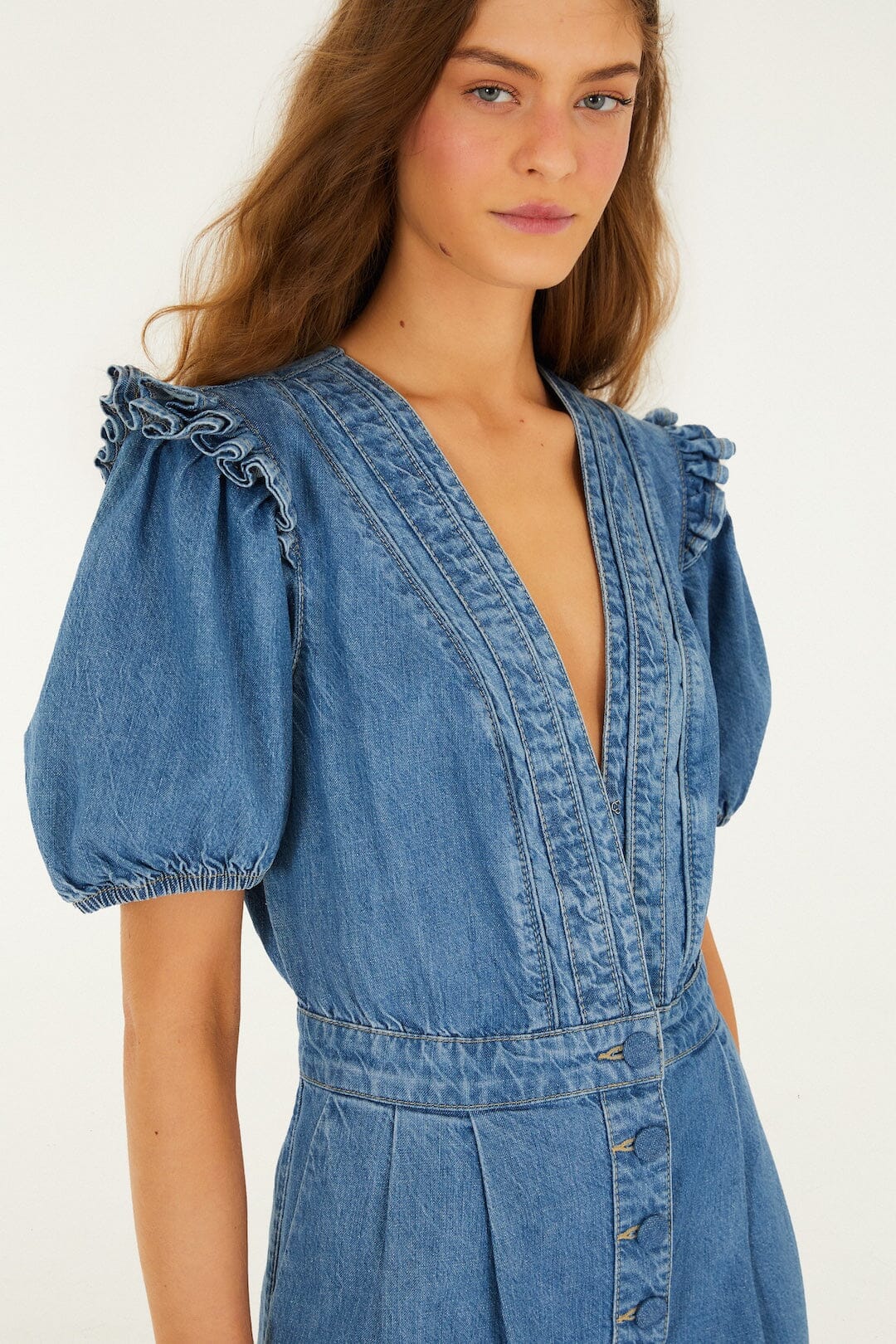 Denim Ruffled Puff Sleeve Romper - Image 2