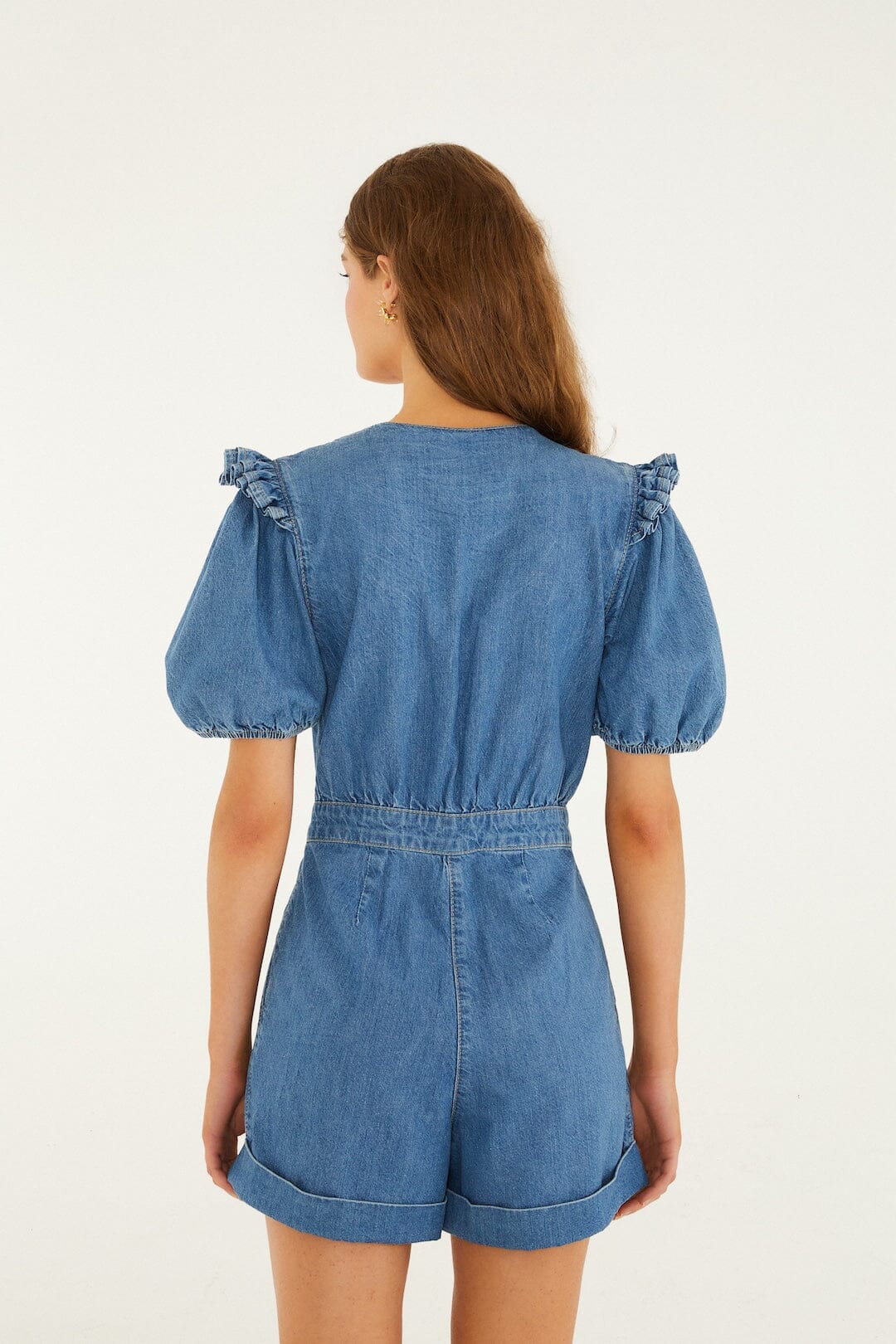 Denim Ruffled Puff Sleeve Romper - Image 3