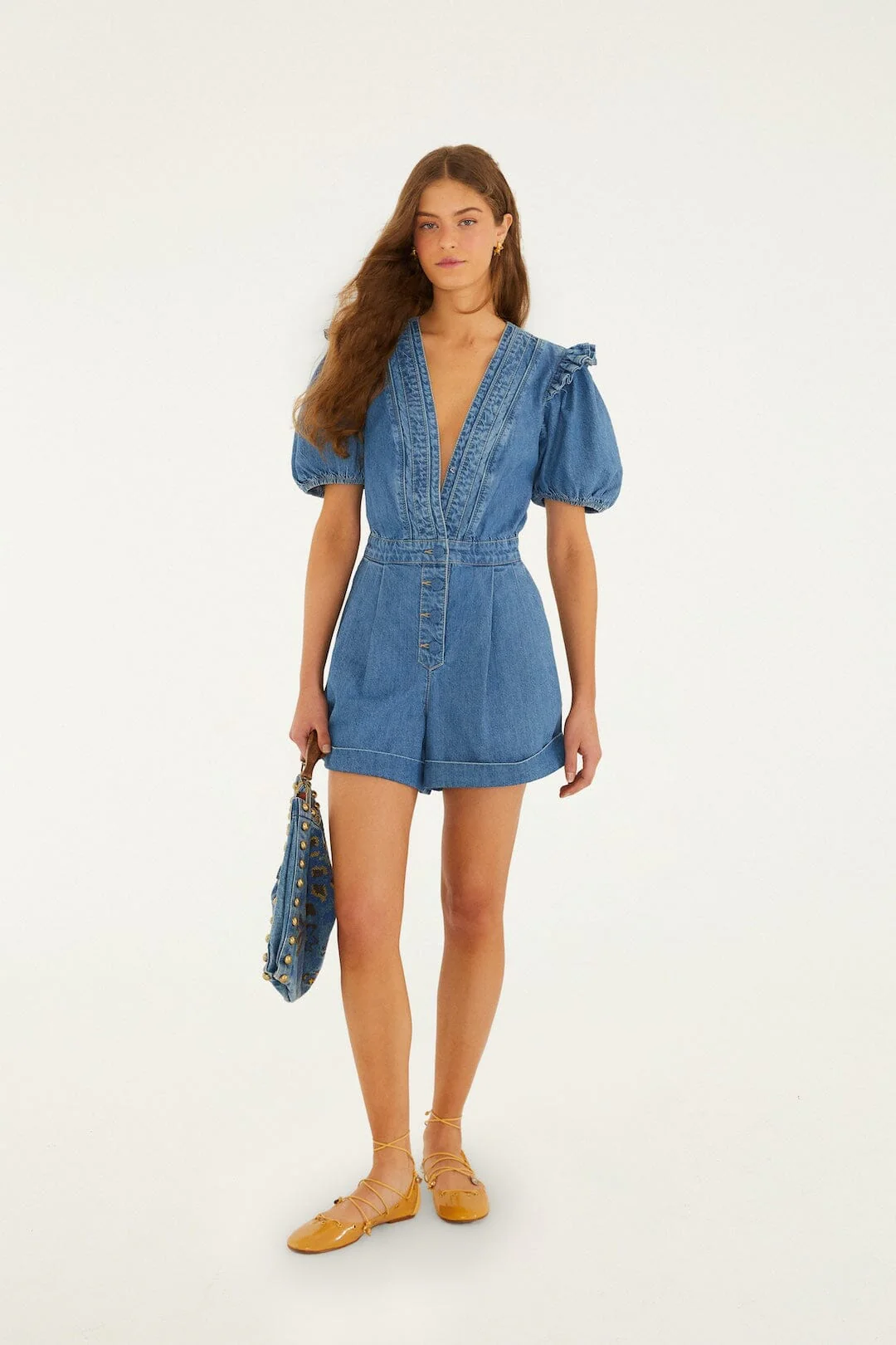 Denim Ruffled Puff Sleeve Romper - Image 4