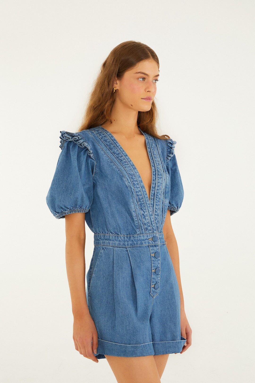 Denim Ruffled Puff Sleeve Romper - Image 5