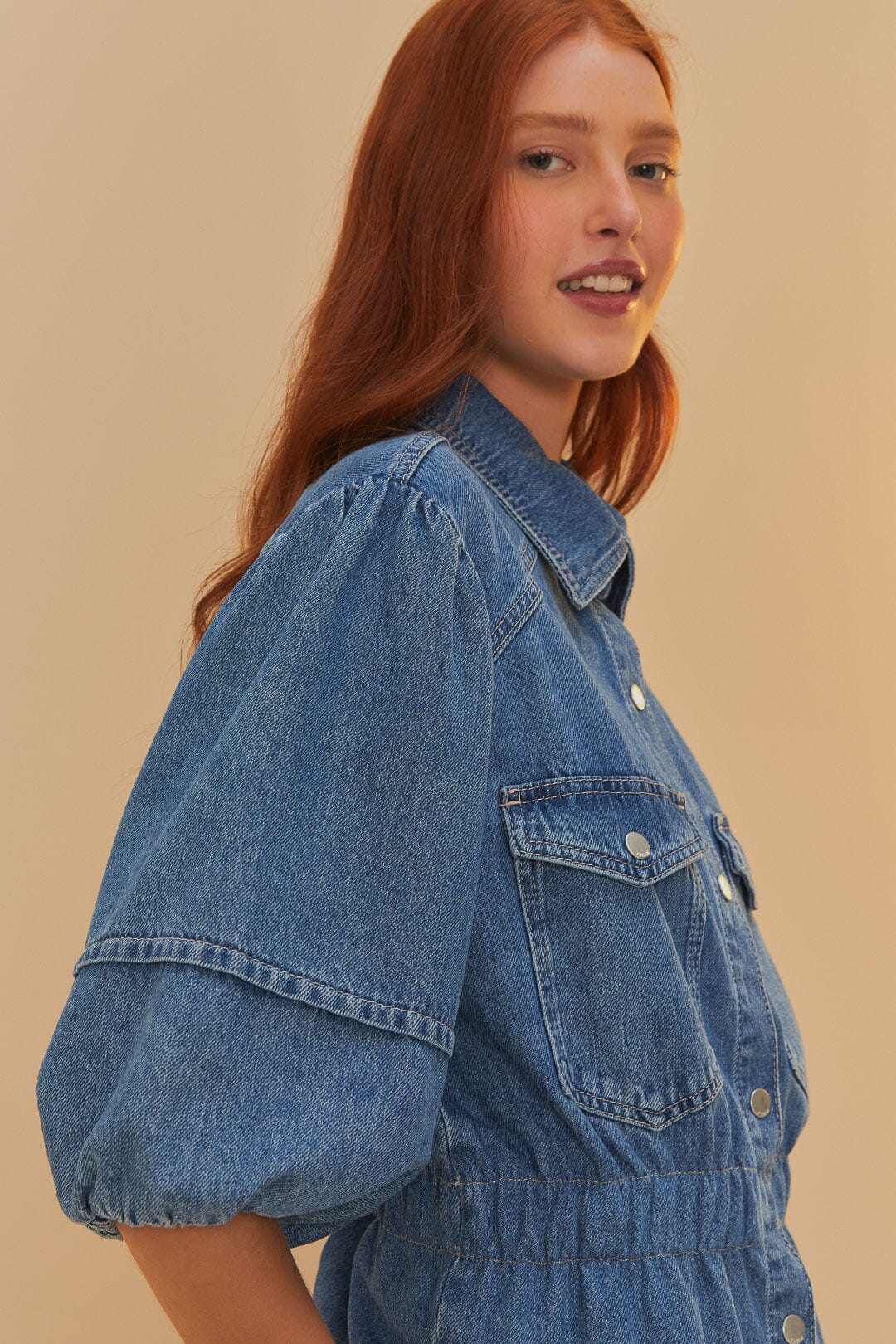 Denim Puff Sleeve Shirt - Image 3