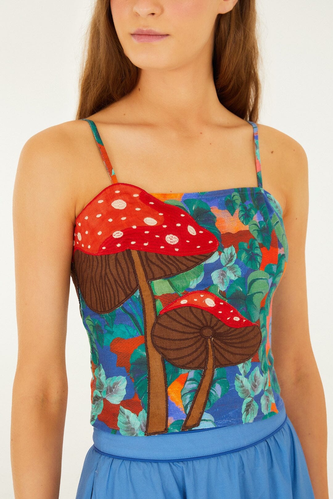 Mushroom Dream Landscape Embroidered Sleeveless Euroflax™ Premium Linen Top - Image 2