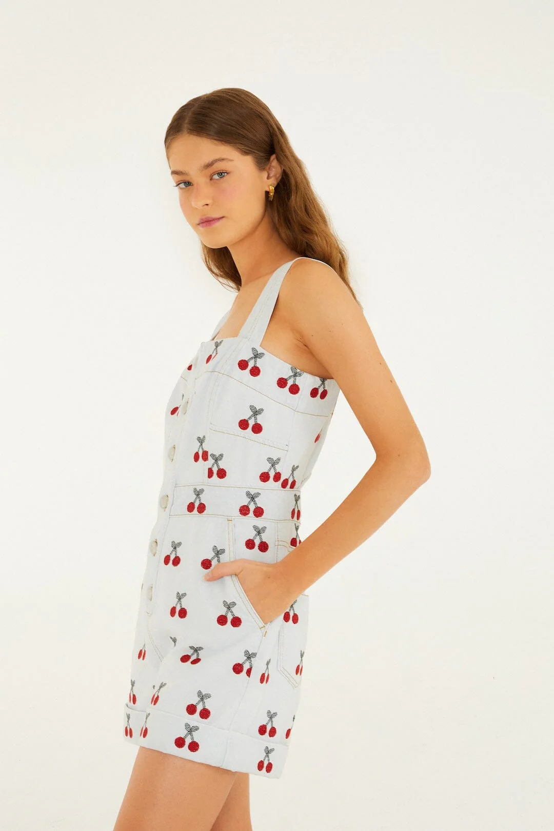 Embroidered Cherry Denim Romper - Image 5