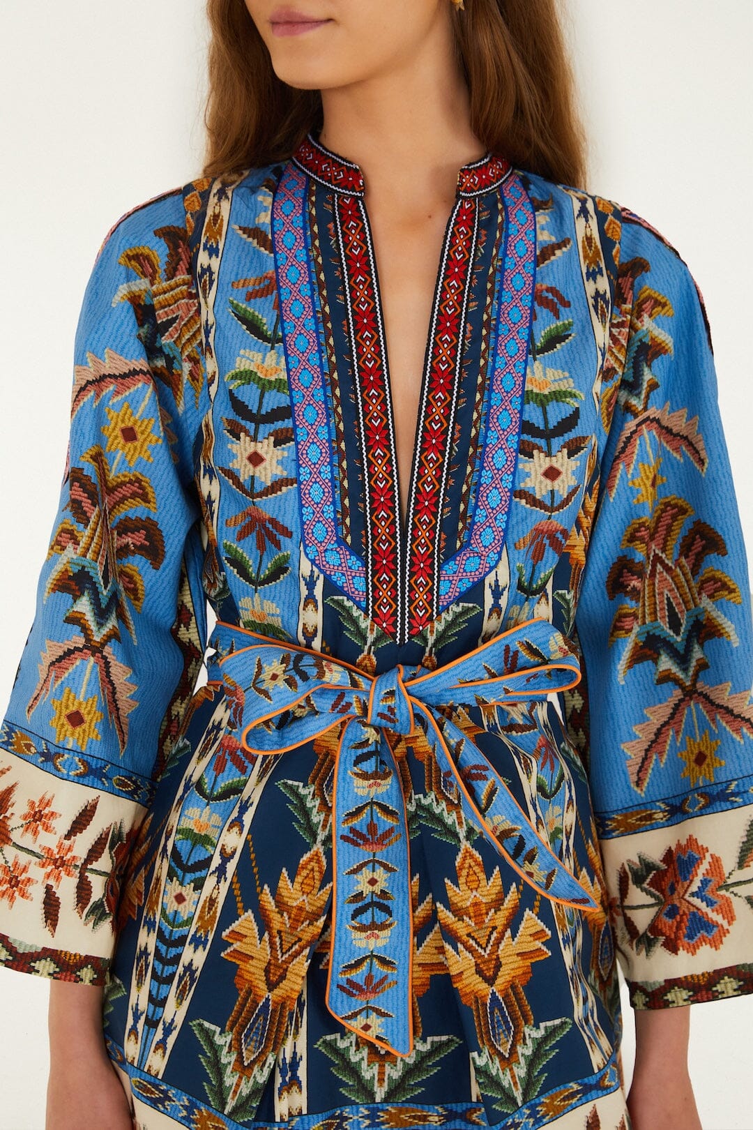 Blue Embroidered Tapestry Organic Cotton Mini Dress - Image 3