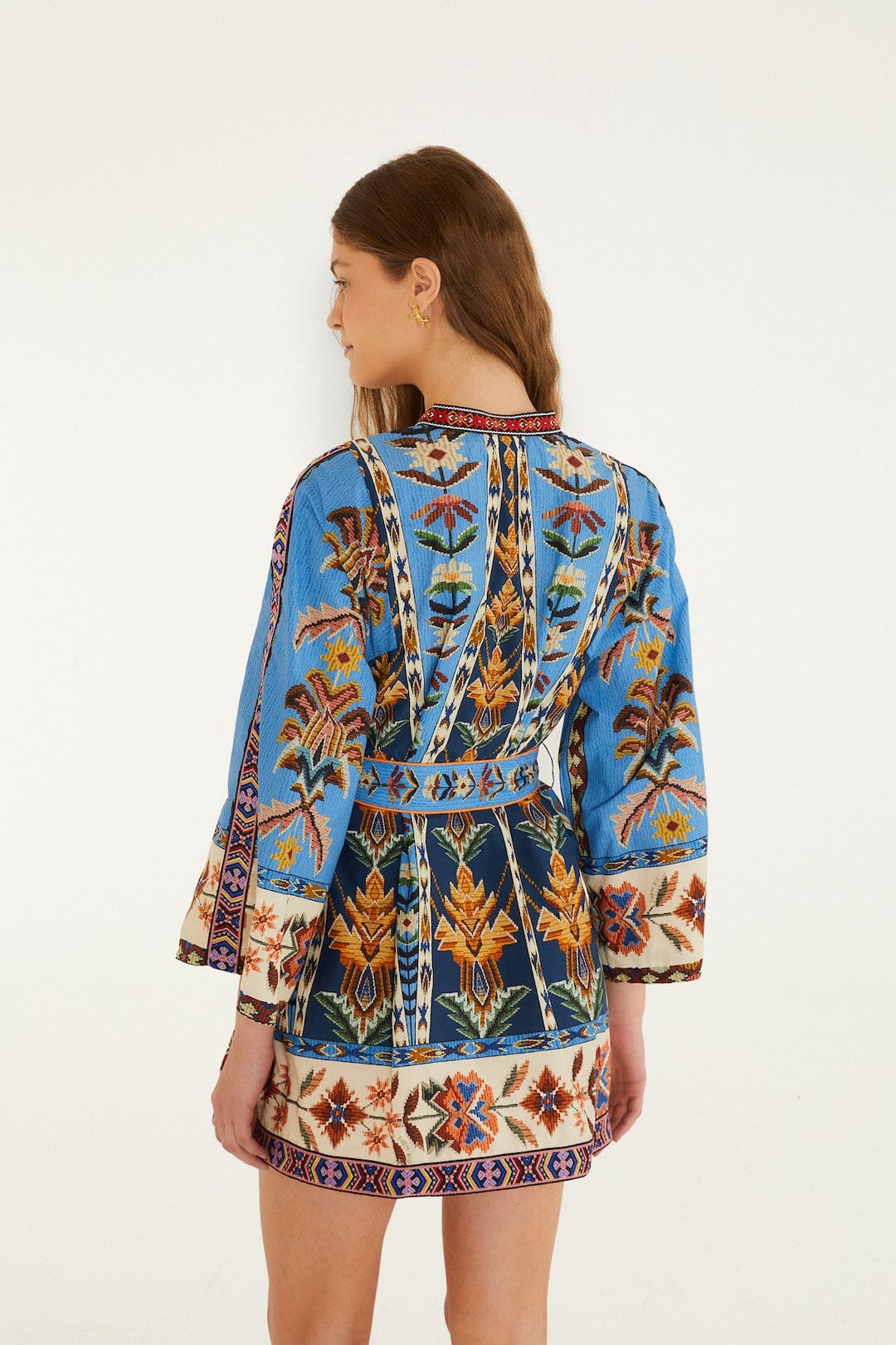 Blue Embroidered Tapestry Organic Cotton Mini Dress - Image 4