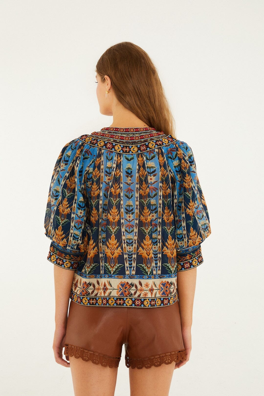 Blue Embroidered Tapestry Tassels Puff Sleeve Blouse - Image 3