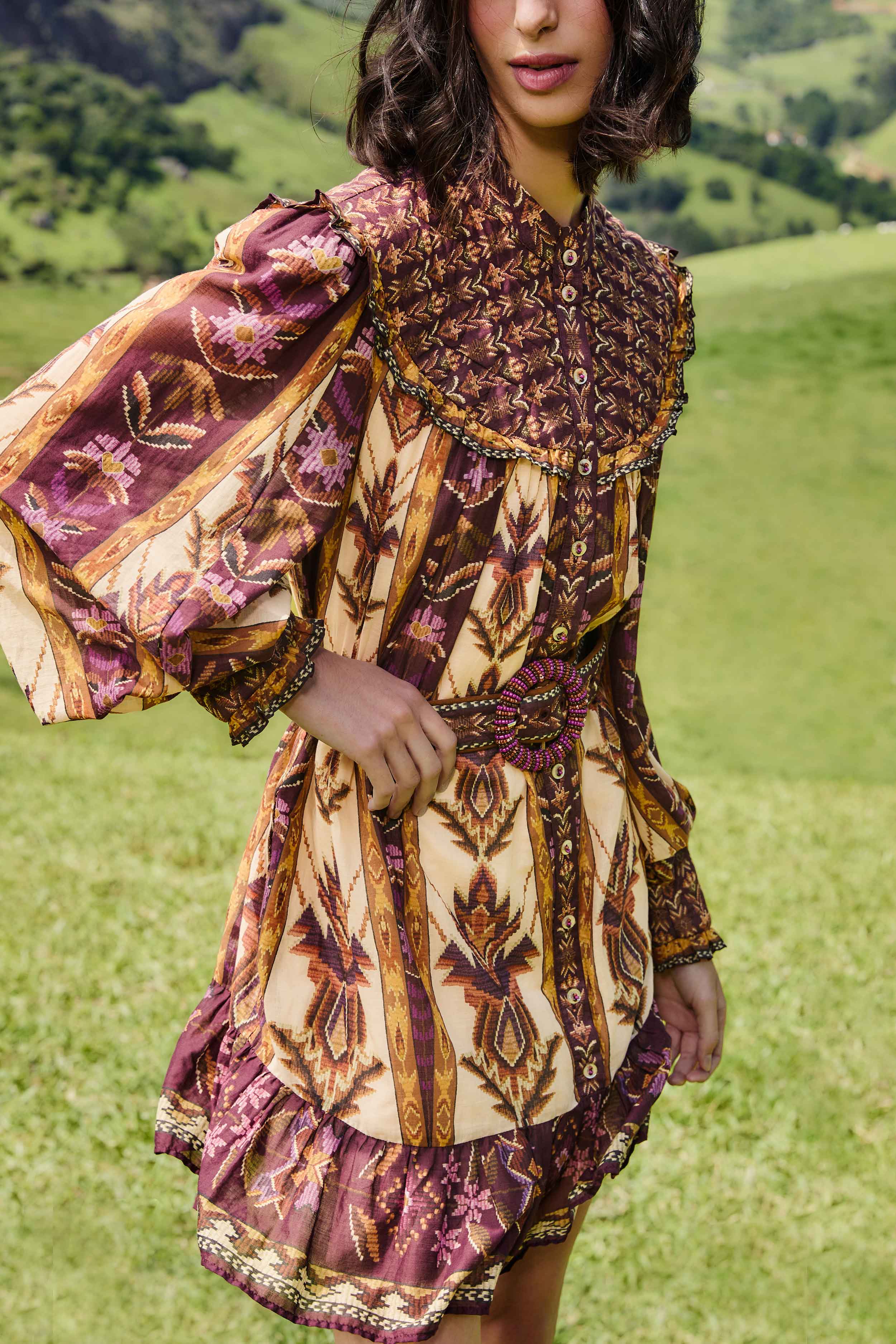 Sand Embroidered Tapestry Long Sleeve Mini Dress - Image 2