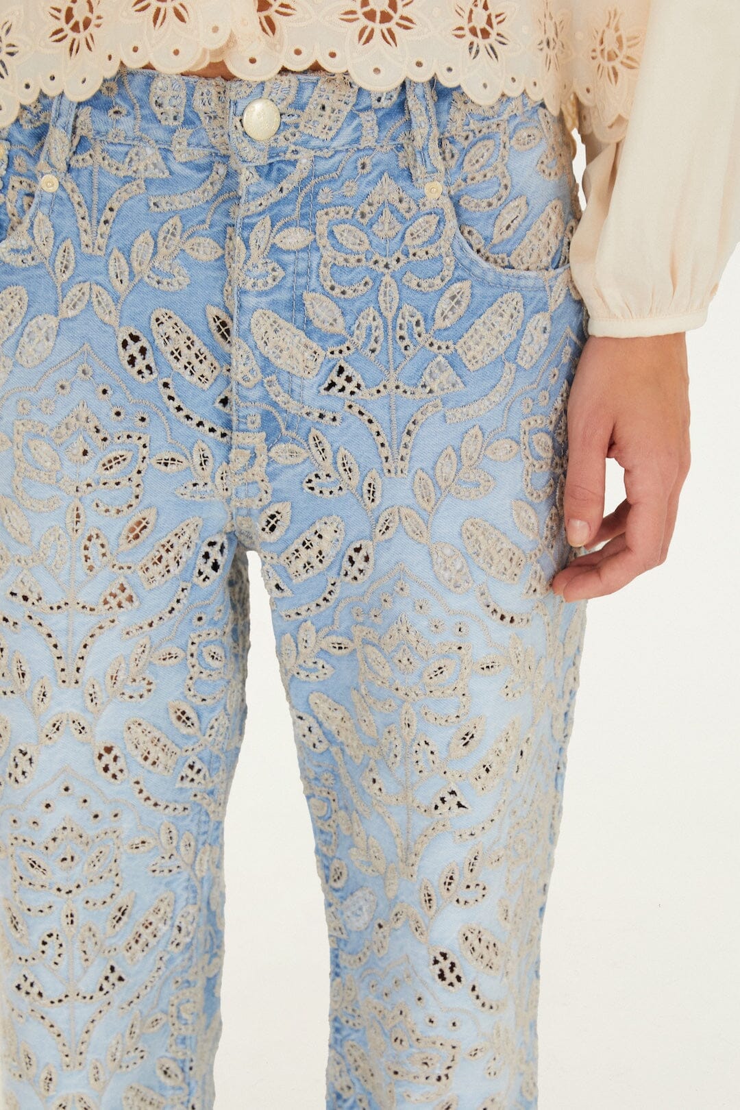 Denim Eyelet Pockets Flare Pants - Image 4