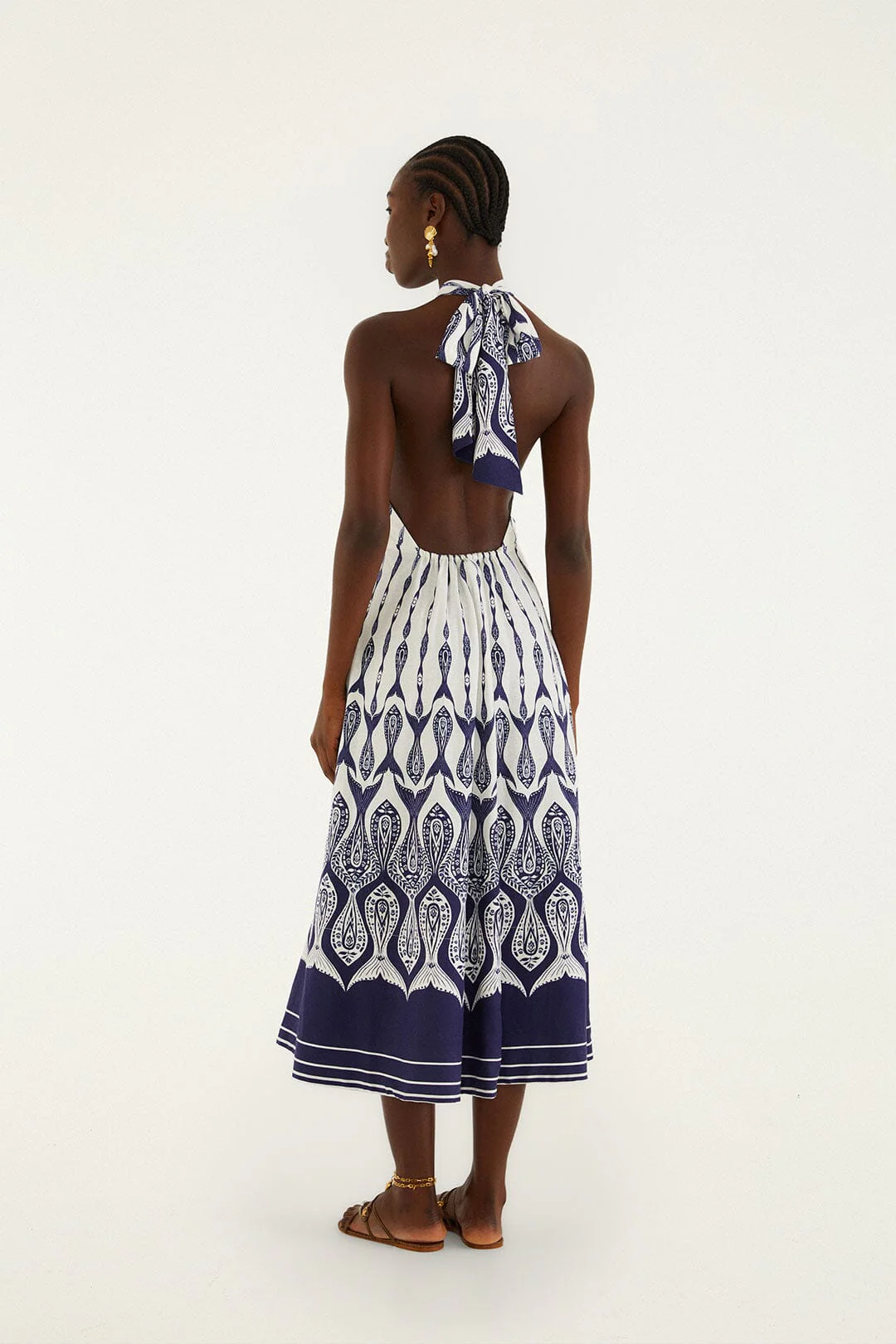 Off-White Fishes Flow Halter Neck Lenzing Ecovero Euroflax Midi Dress - Image 3