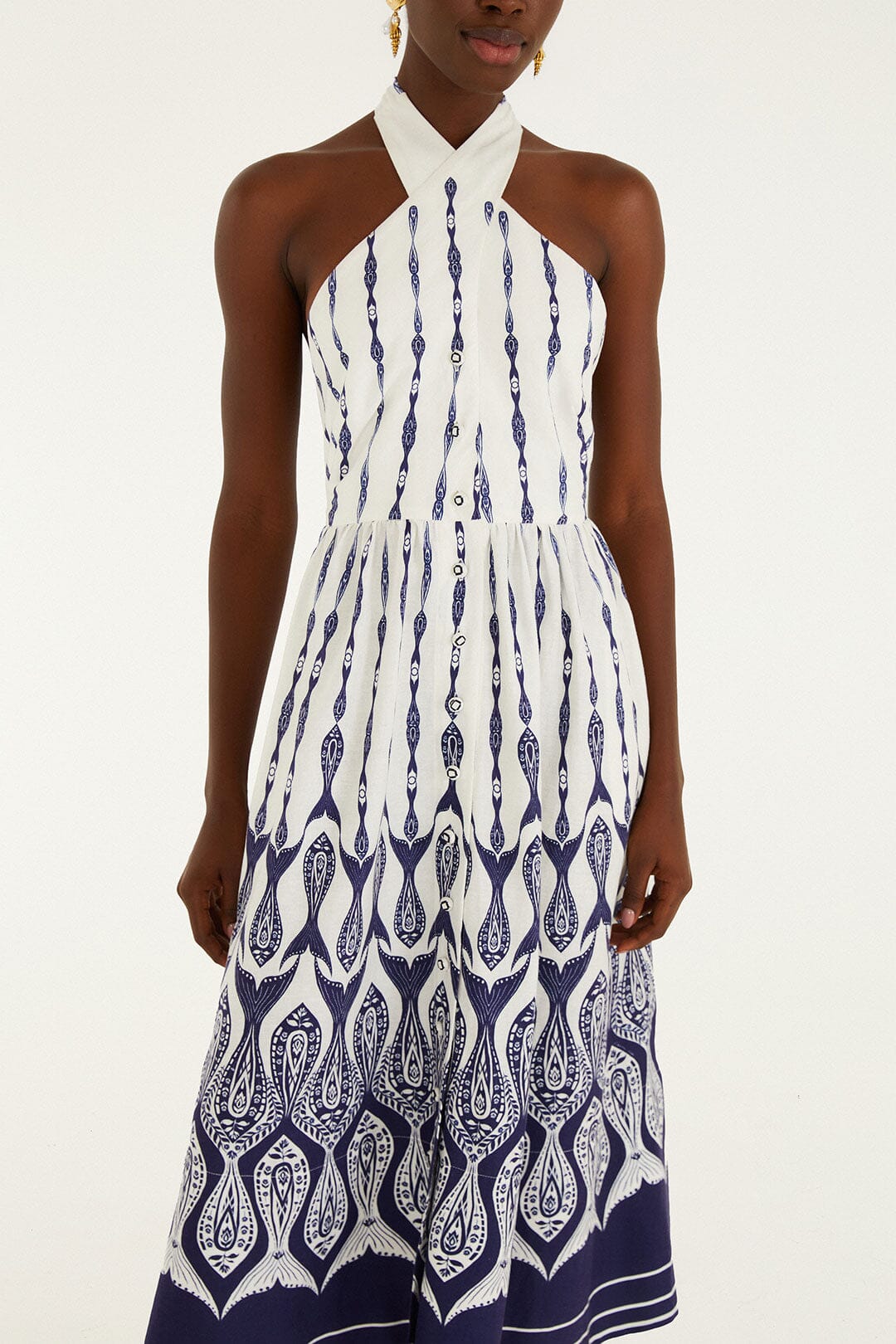 Off-White Fishes Flow Halter Neck Lenzing Ecovero Euroflax Midi Dress - Image 4