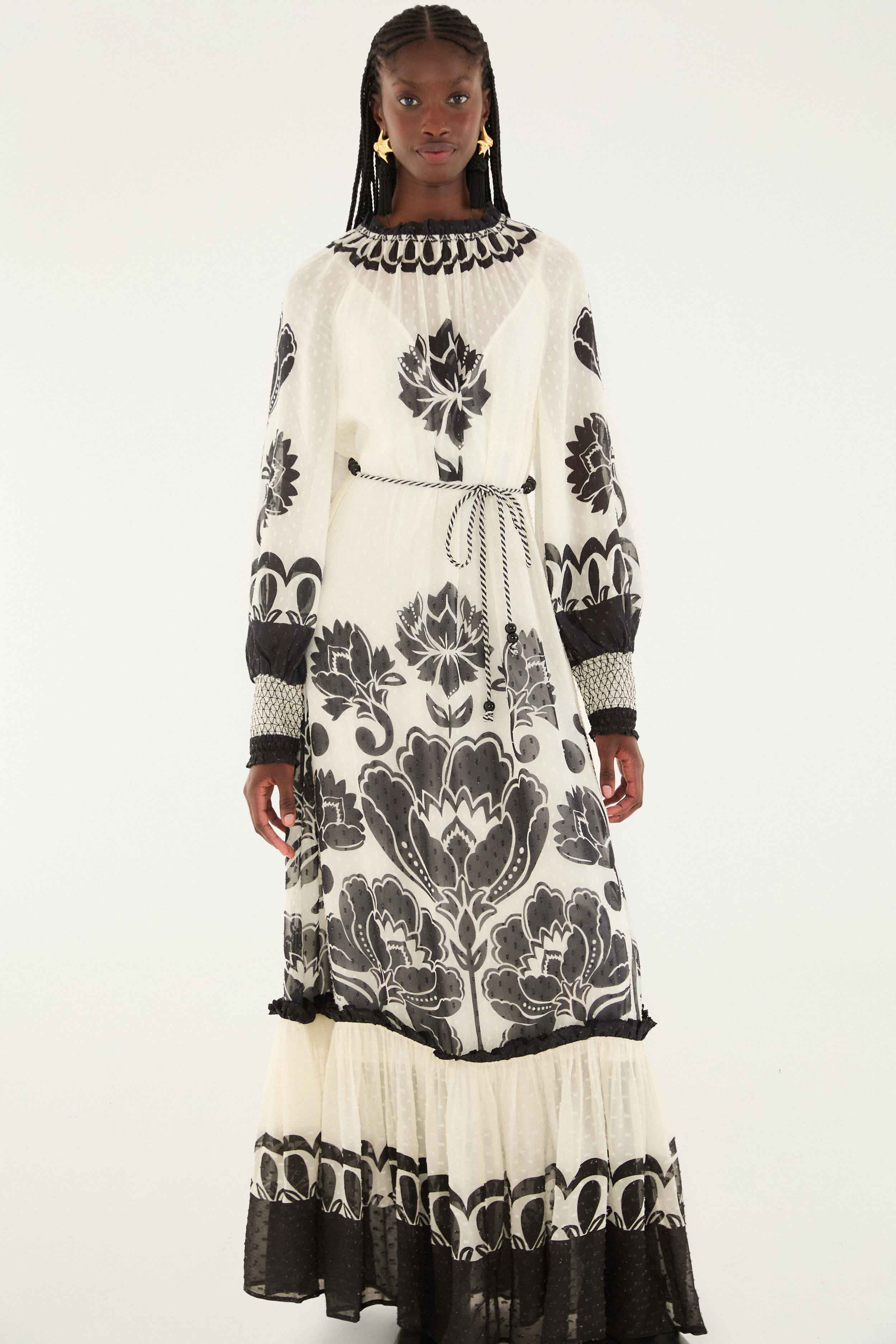 Cream Floral Arabesque Rope Belt Maxi Dress - Image 2