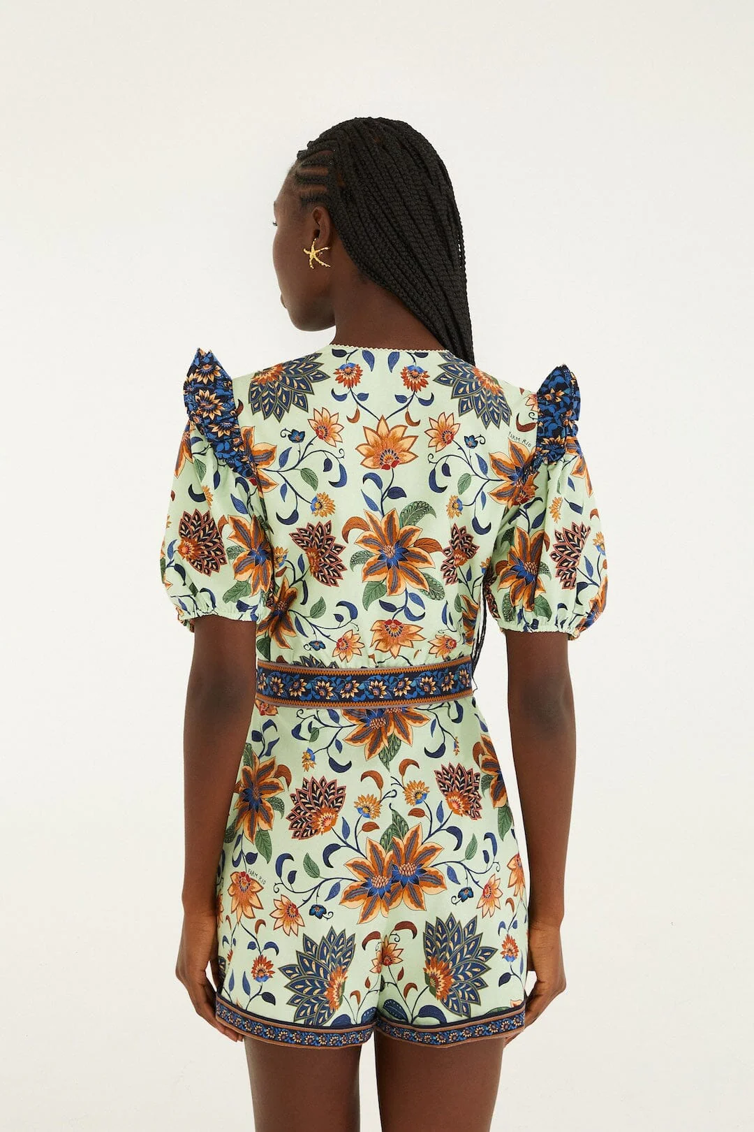 Light Green Floral Delhi Tapestry Belted Organic Cotton Romper - Image 3
