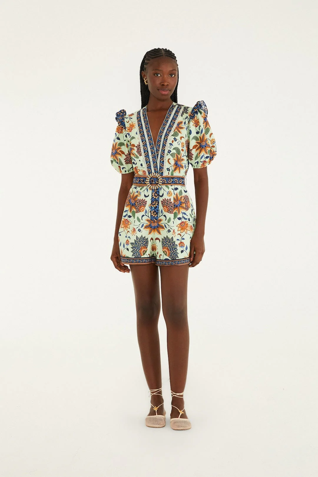 Light Green Floral Delhi Tapestry Belted Organic Cotton Romper - Image 5
