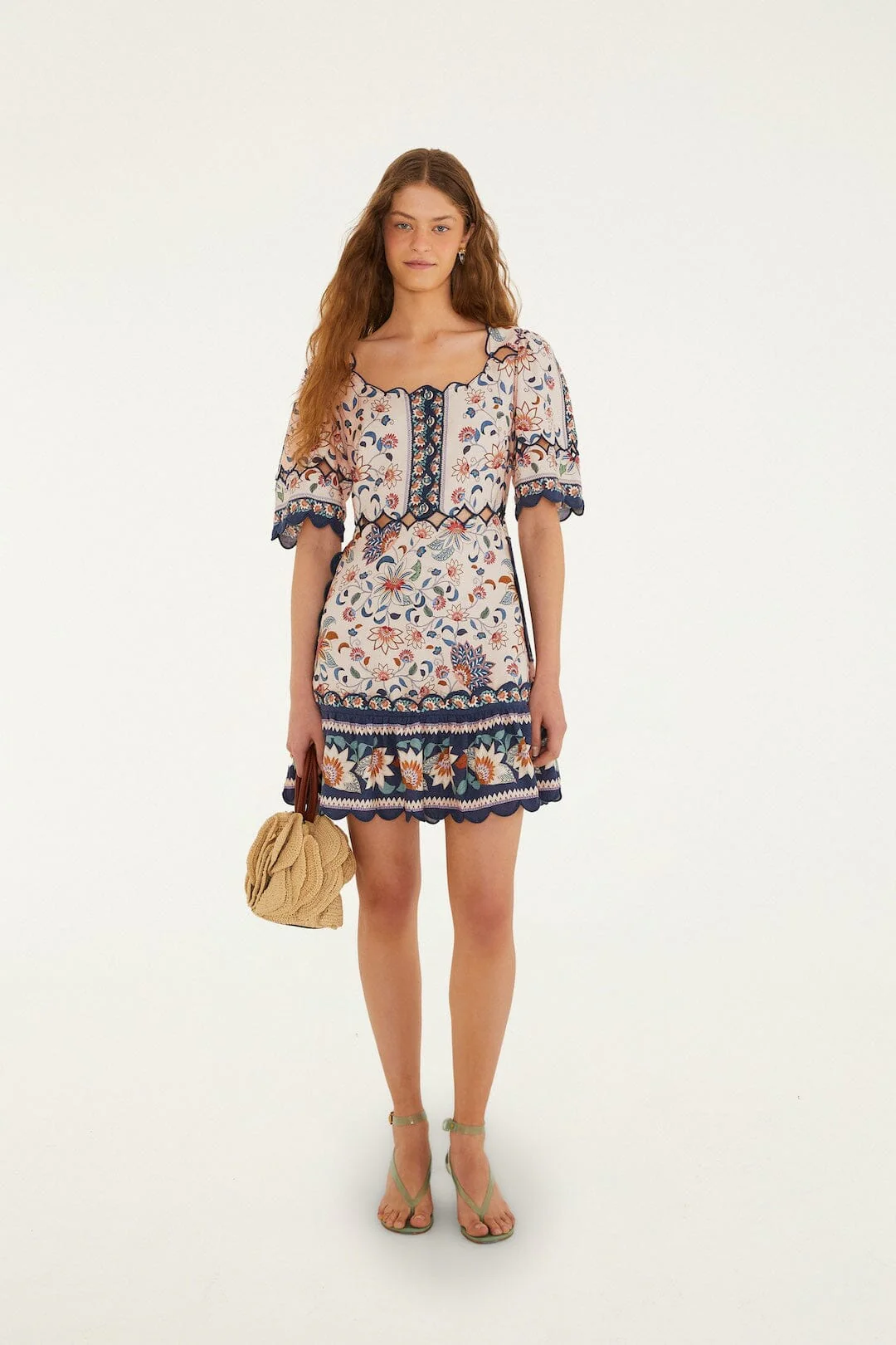 Pink Floral Delhi Tapestry Scallop Cut-Out Mini Dress