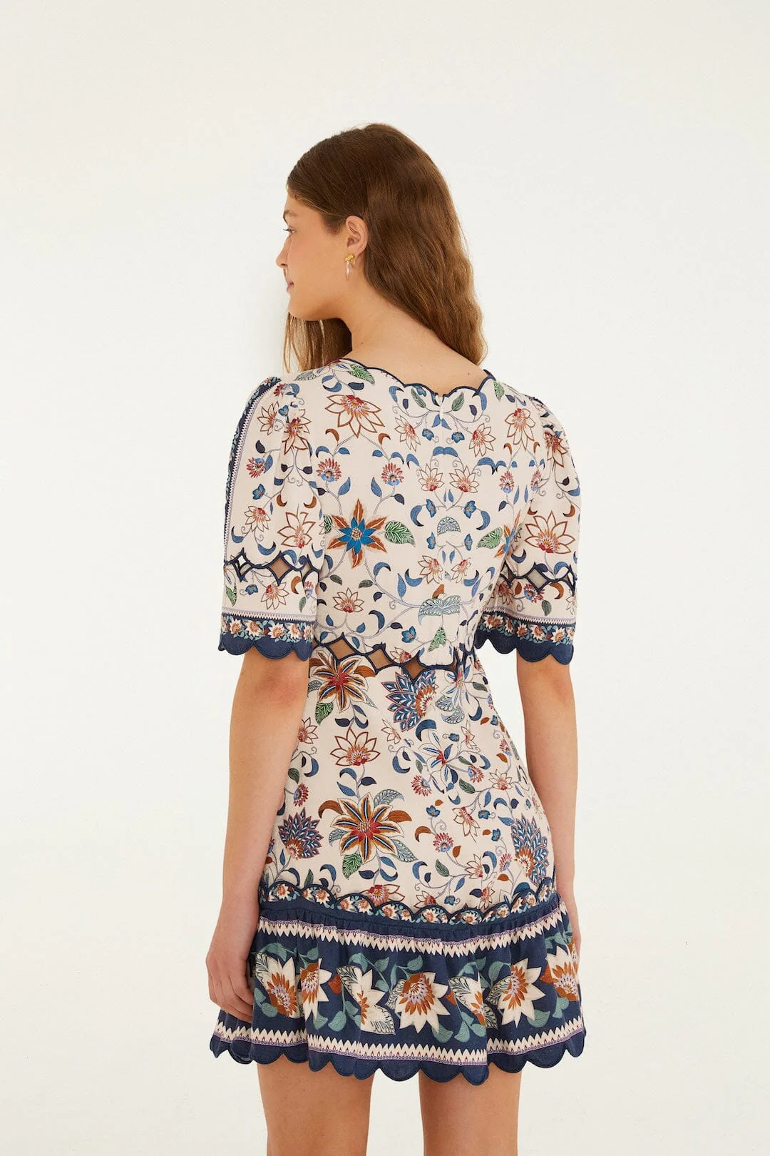 Pink Floral Delhi Tapestry Scallop Cut-Out Mini Dress - Image 3