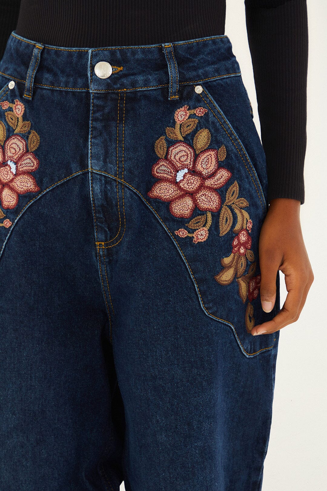 Denim Floral Embroidery Pants - Image 8