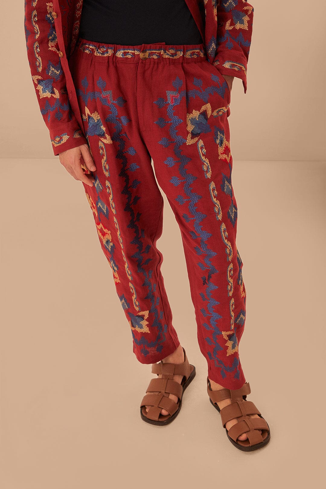 Red Floral Embroidery Jacquard Pants - Image 3