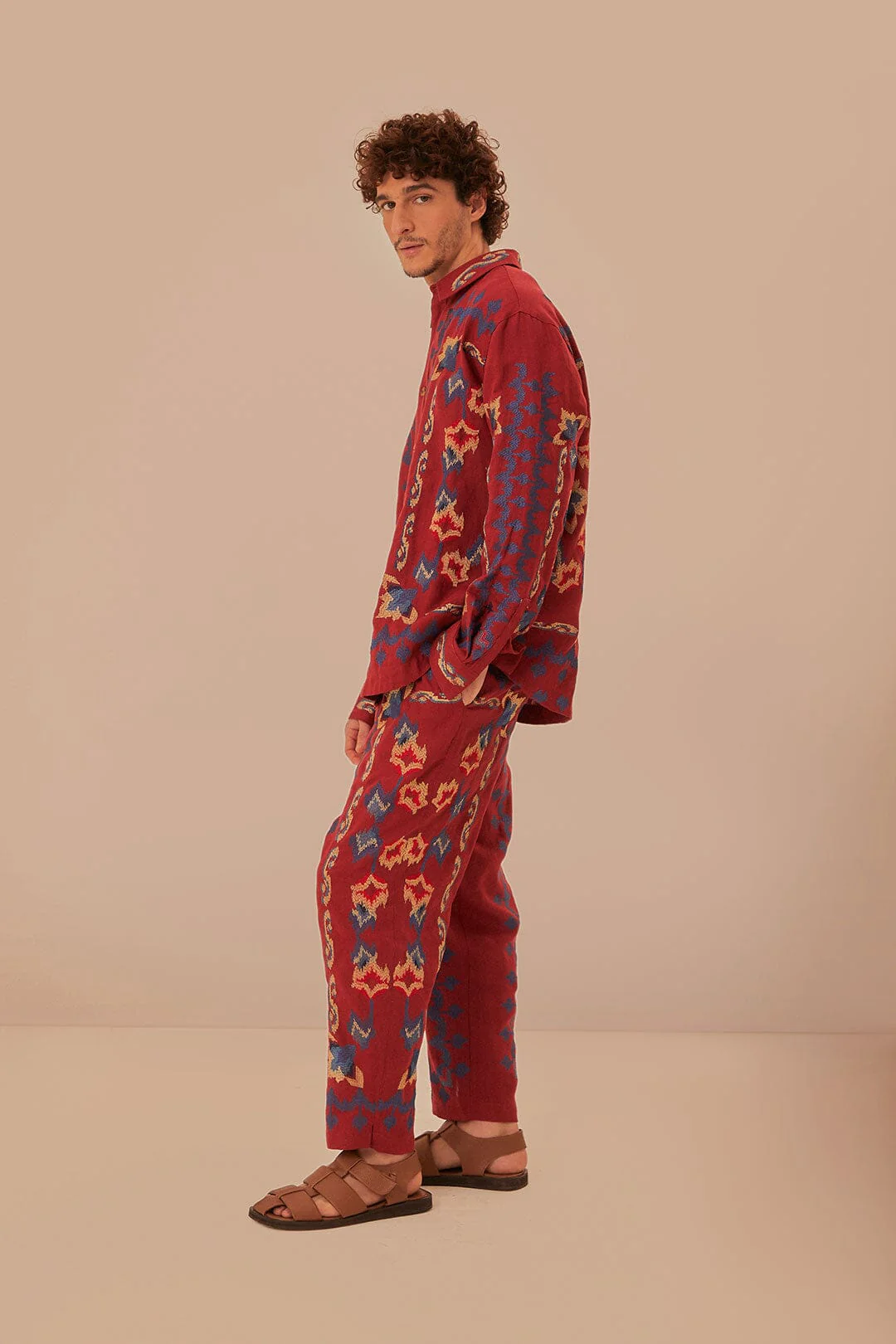 Red Floral Embroidery Jacquard Pants - Image 4