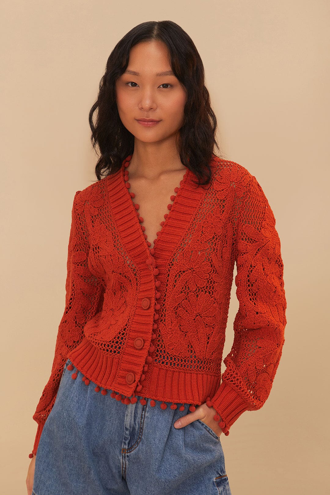 Orange Floral Knit Cardigan