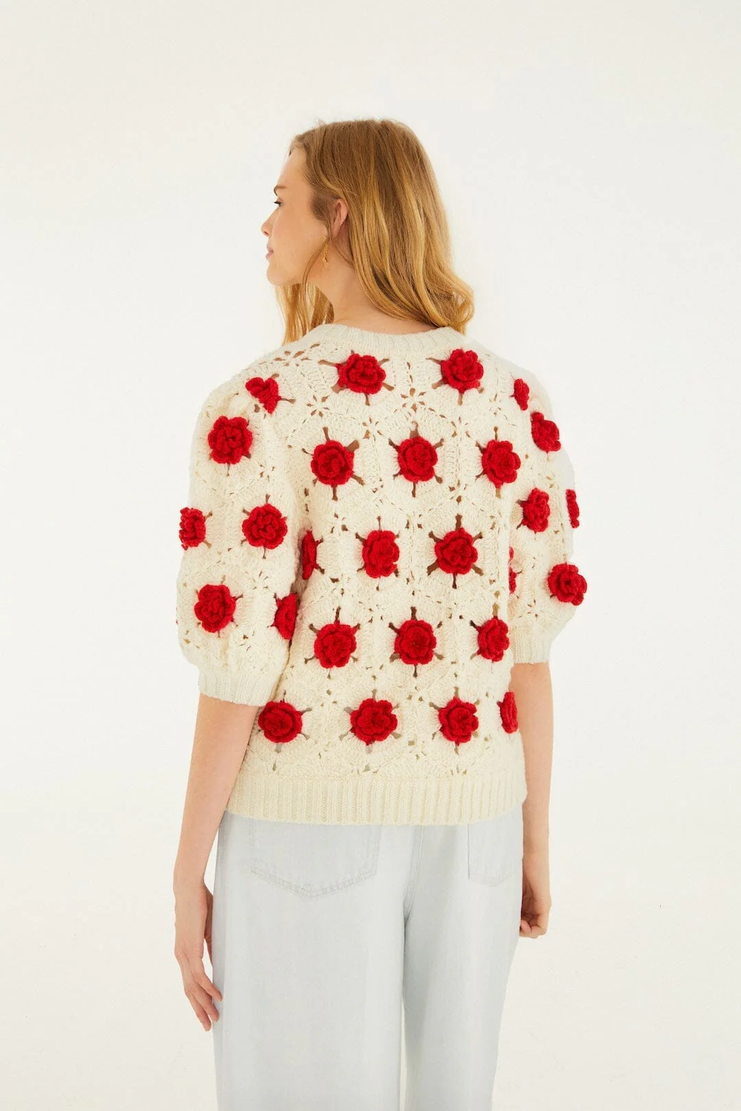 Red Flower Crochet Knit Blouse - Image 3
