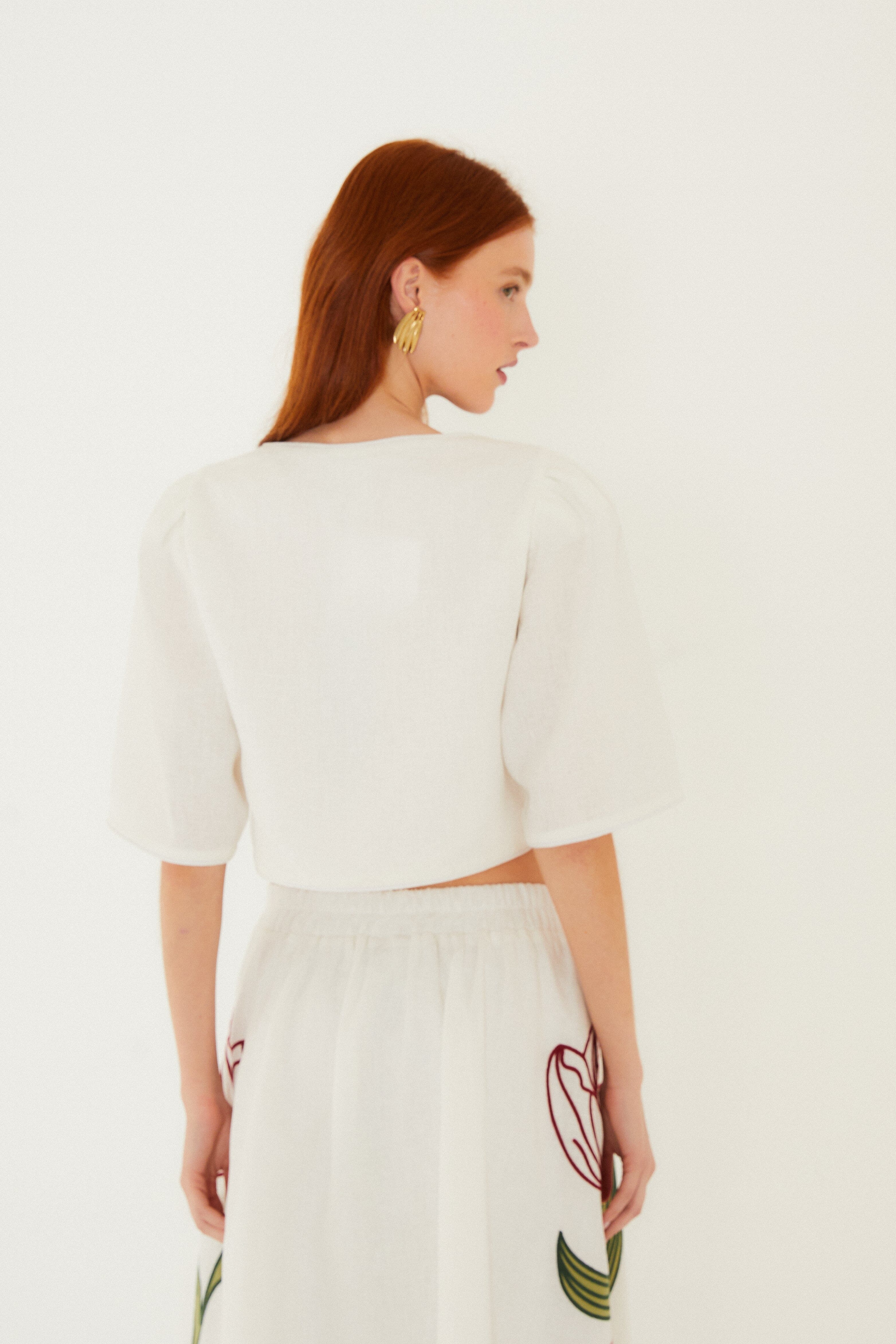 Off-White Flower Embroidered Euroflax Premium Linen Crop Top - Image 4
