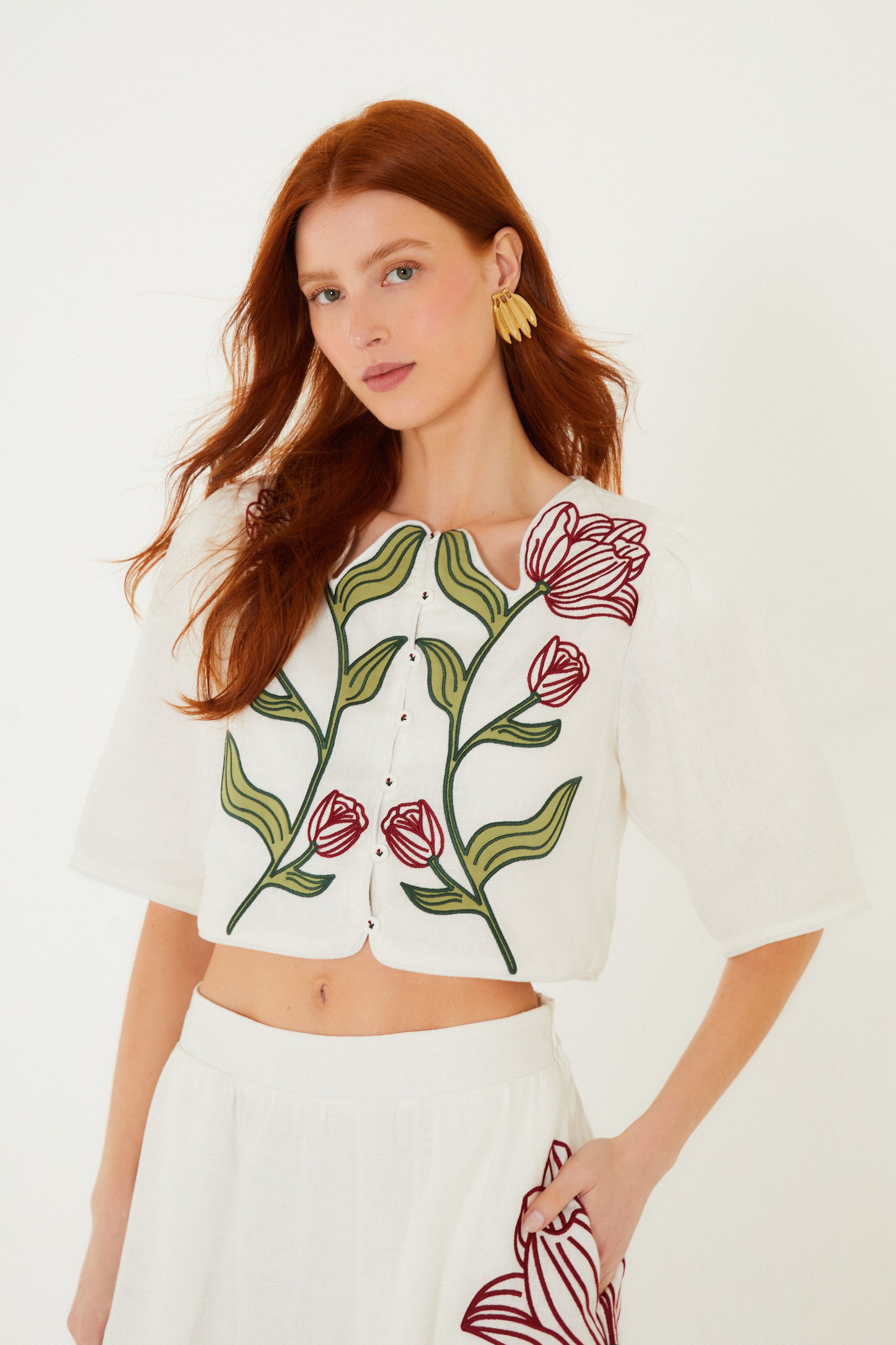 Off-White Flower Embroidered Euroflax Premium Linen Crop Top - Image 5
