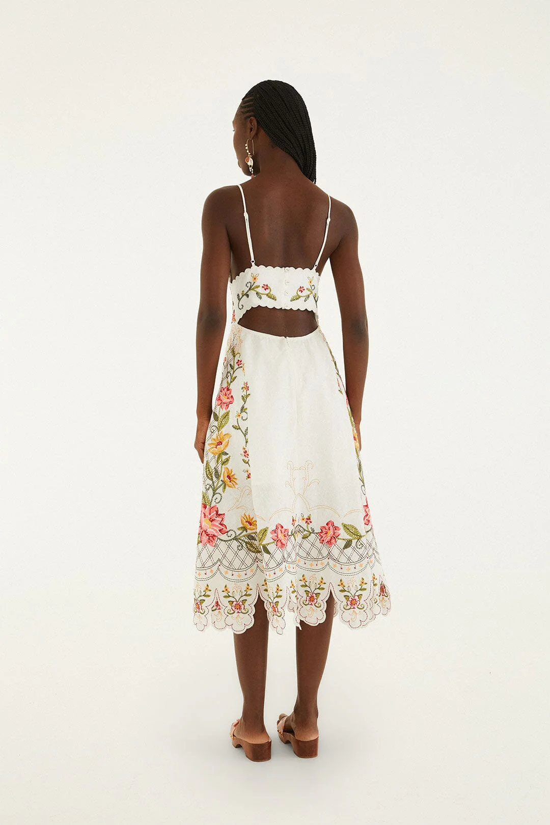 Off-White Flower Embroidery Asymetric Hem Midi Dress - Image 3