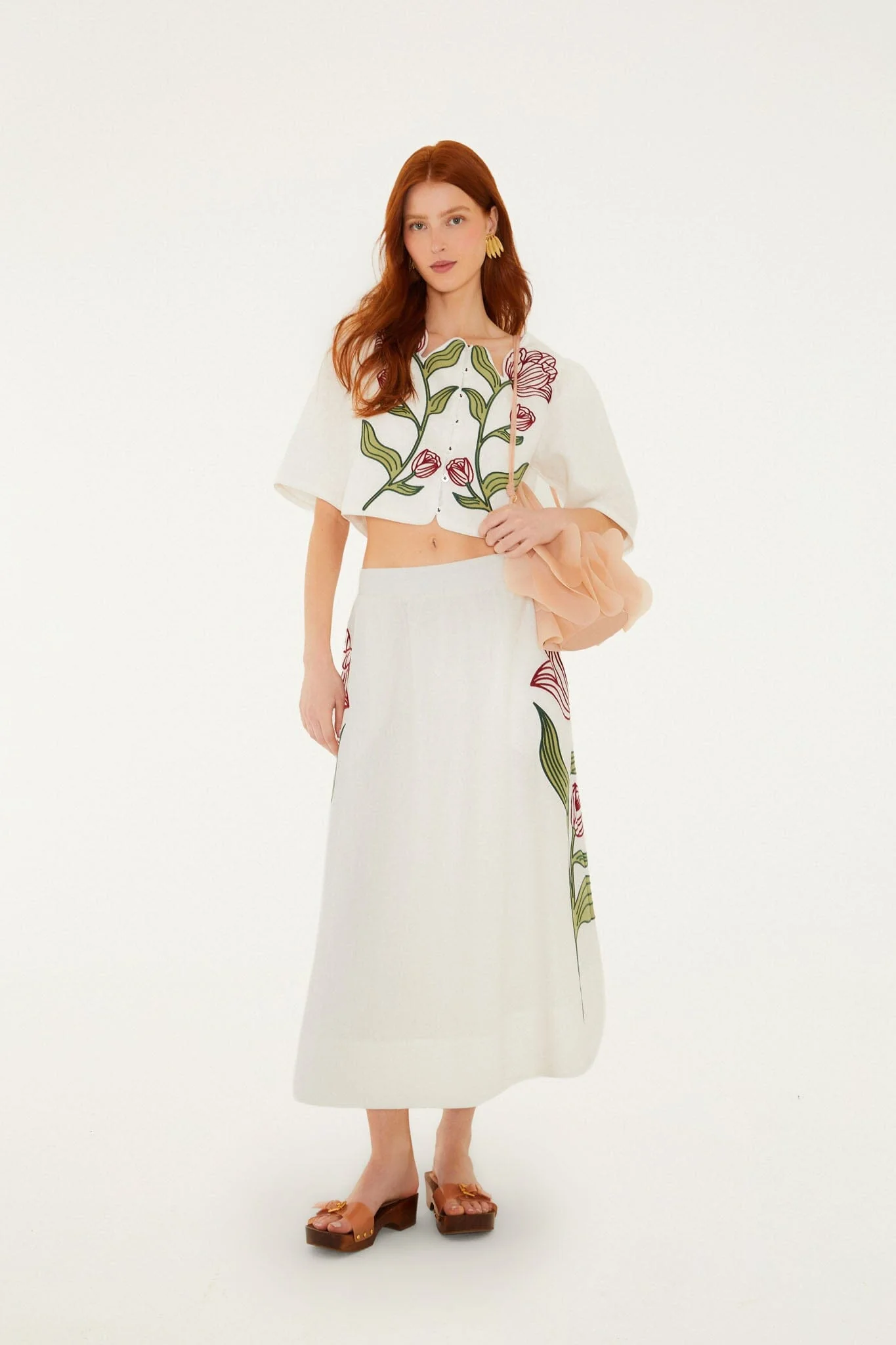 Off-White Flower Embroidered Euroflax Premium Linen Midi Skirt - Image 3