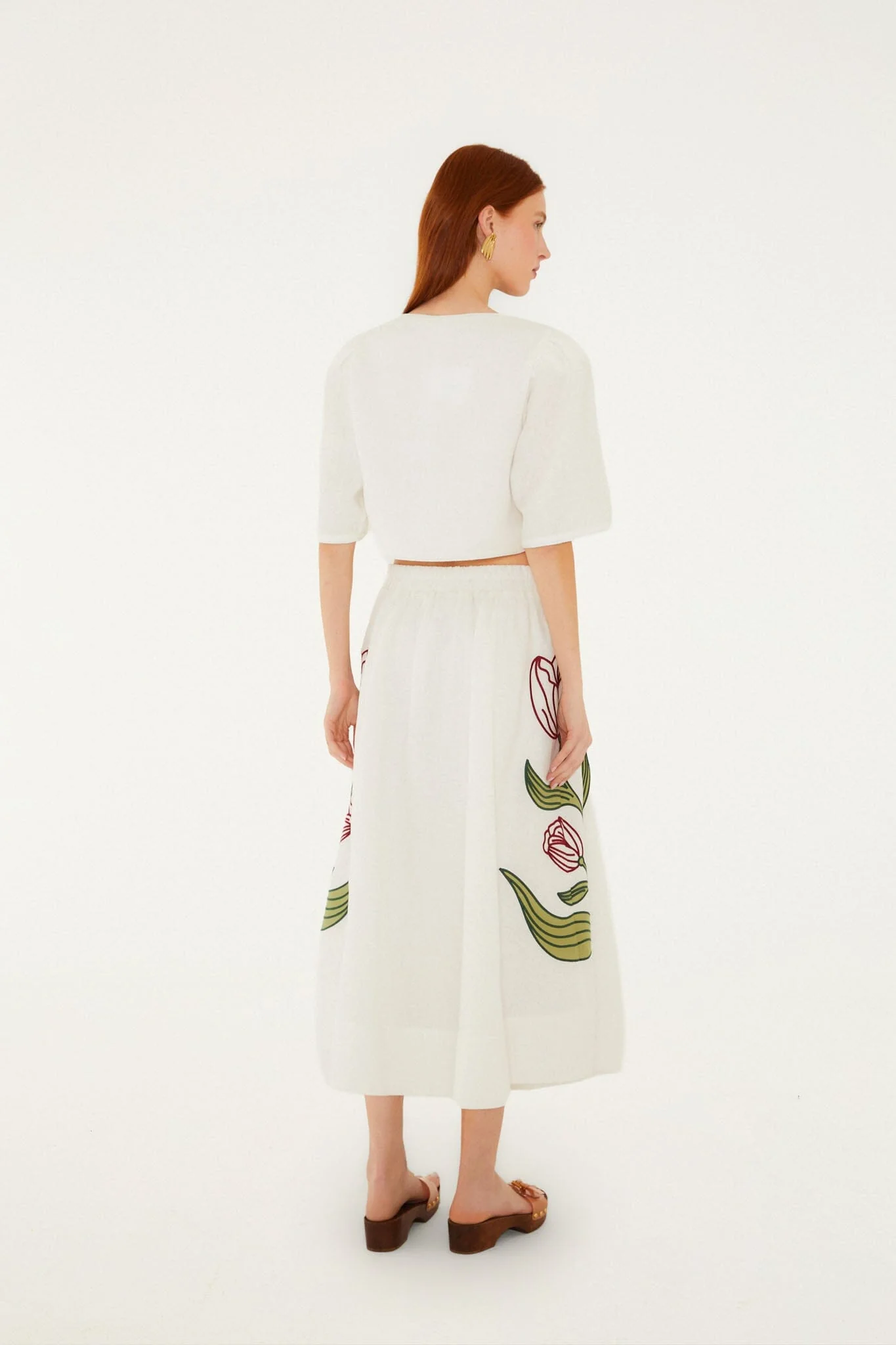 Off-White Flower Embroidered Euroflax Premium Linen Midi Skirt - Image 4