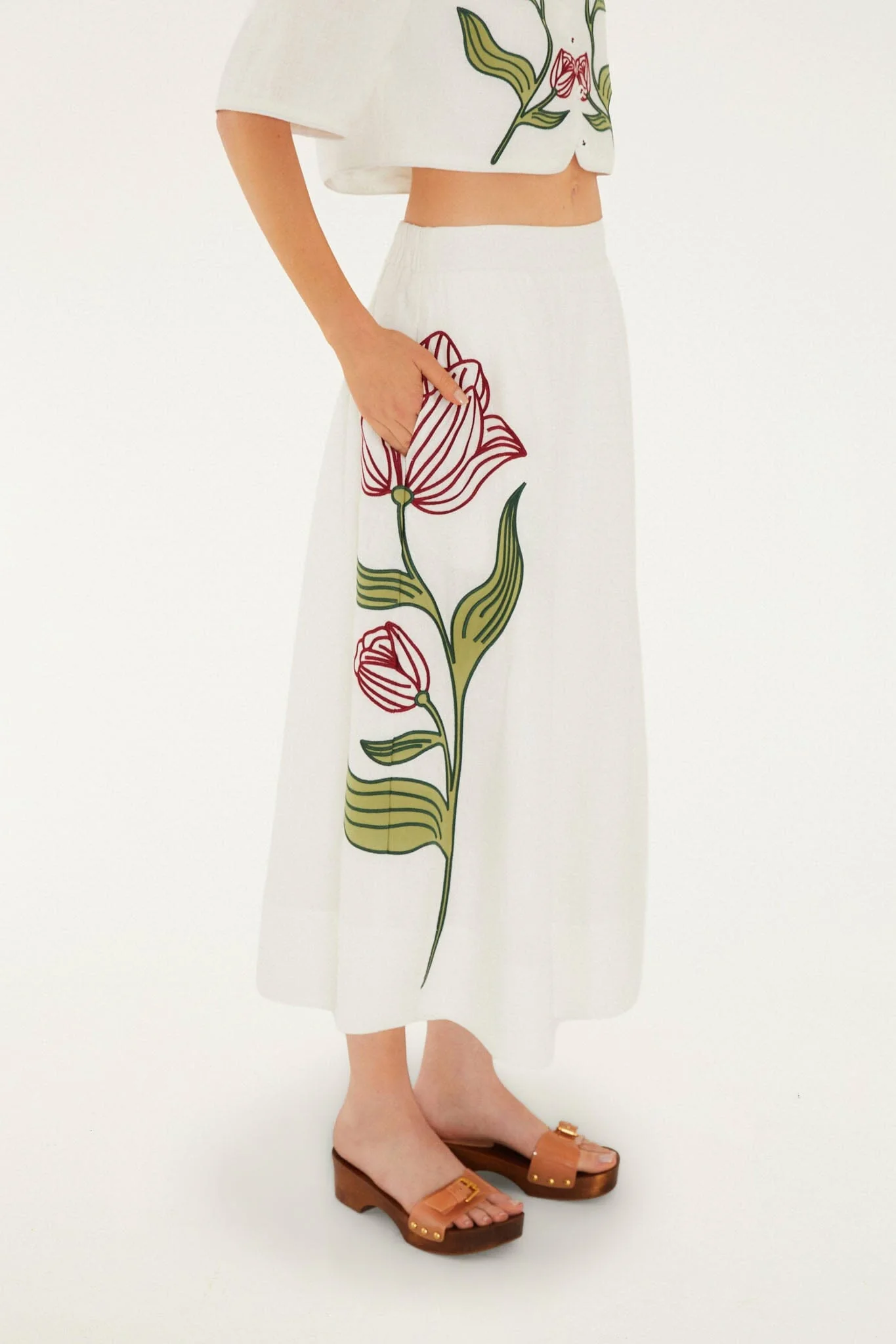 Off-White Flower Embroidered Euroflax Premium Linen Midi Skirt - Image 5