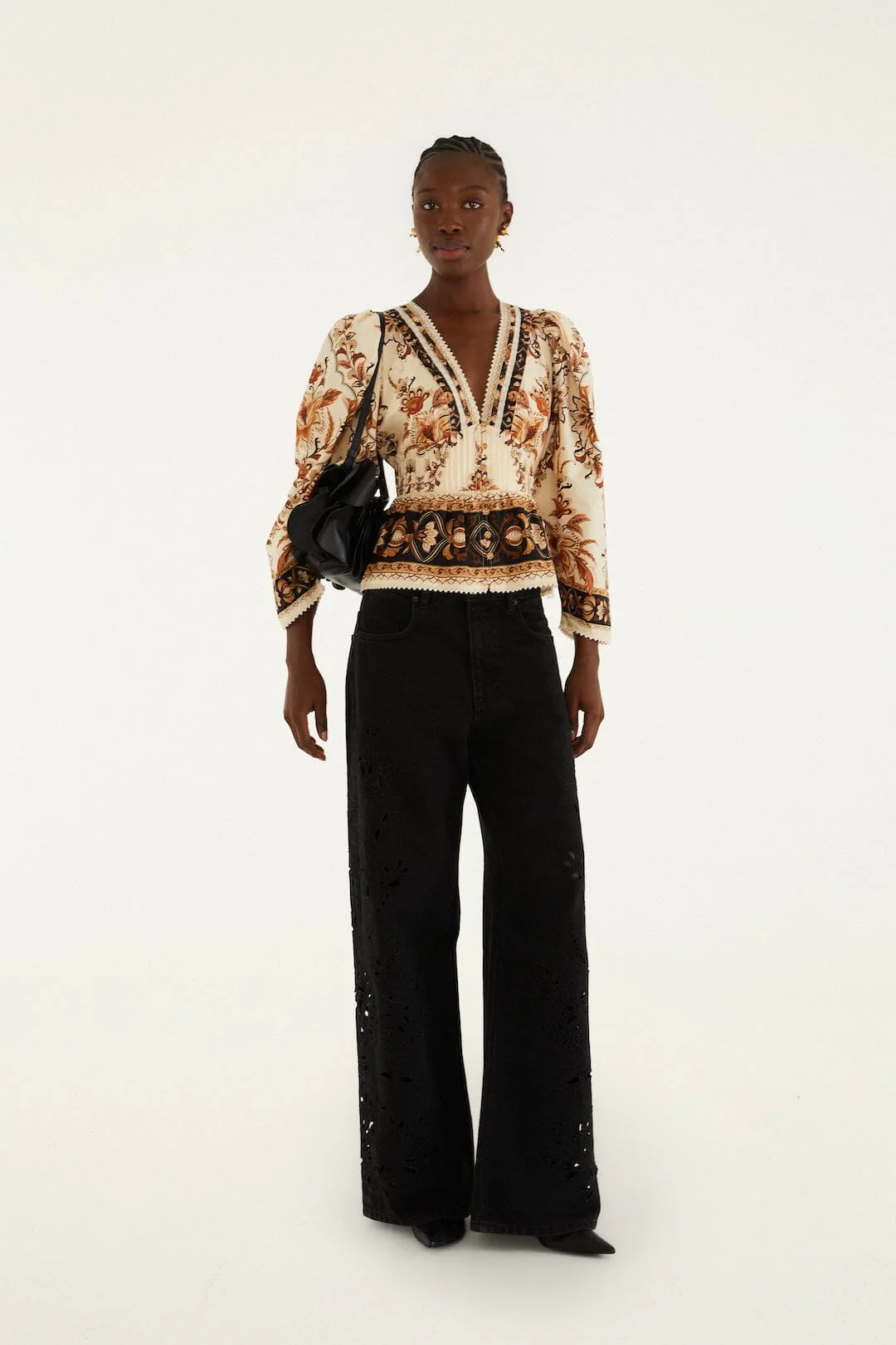 Black Leather Shoulder Flower Bag - Image 4