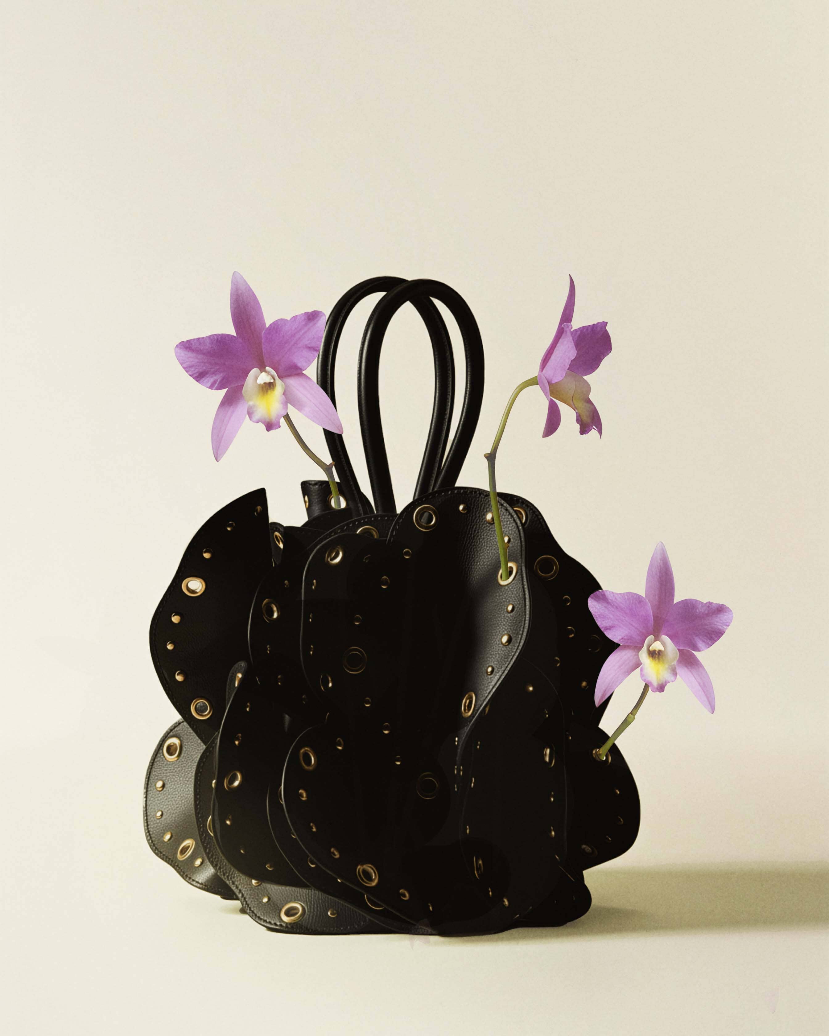 Black Leather Studded Flower Bag - Image 2