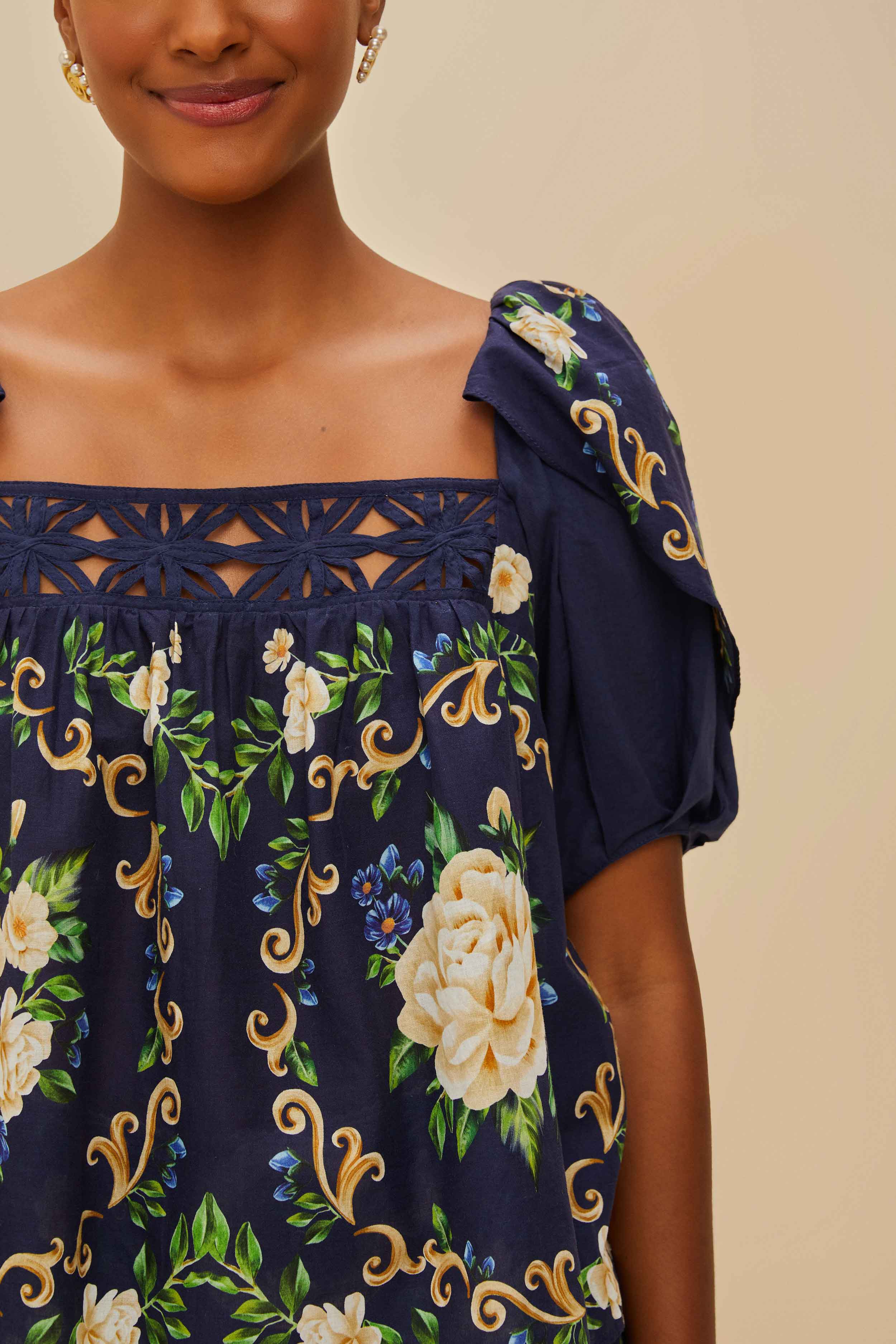 Blue Flower Tapestry Yoke Blouse - Image 5