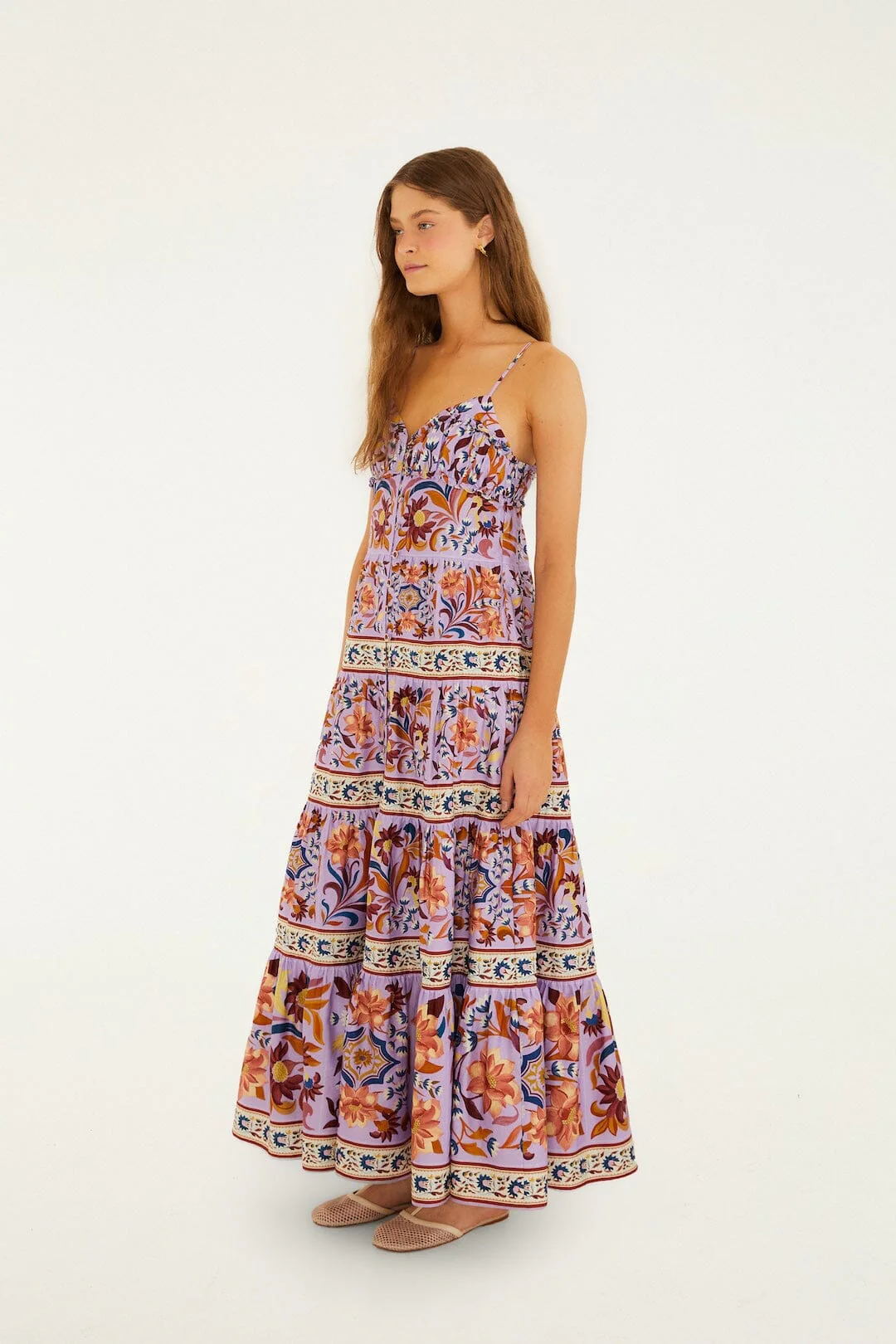 Lilac Flower Tiles Sleeveless Tiered Maxi Dress - Image 4
