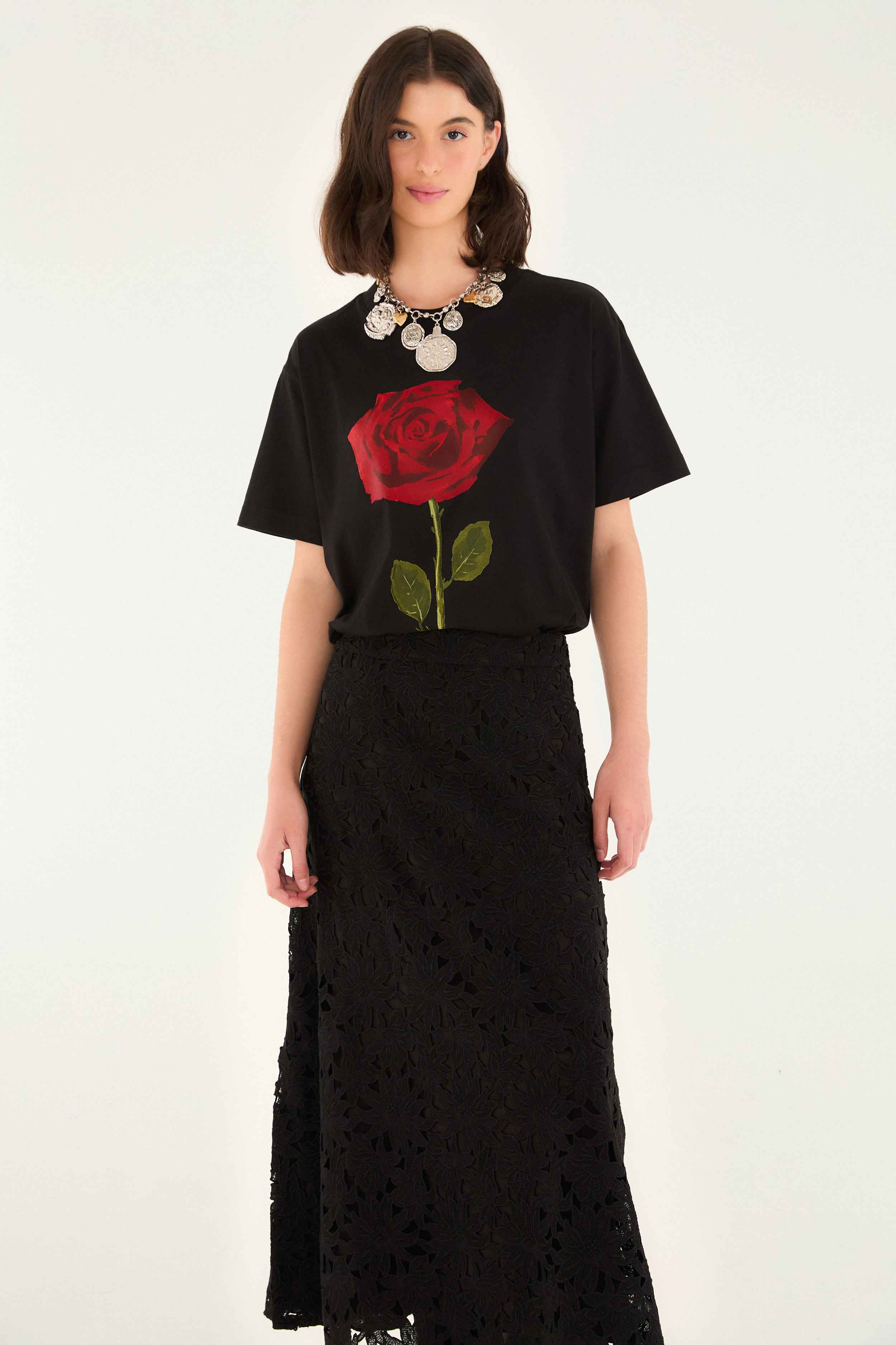 Black Flowered Lace Midi Skirt - Image 3
