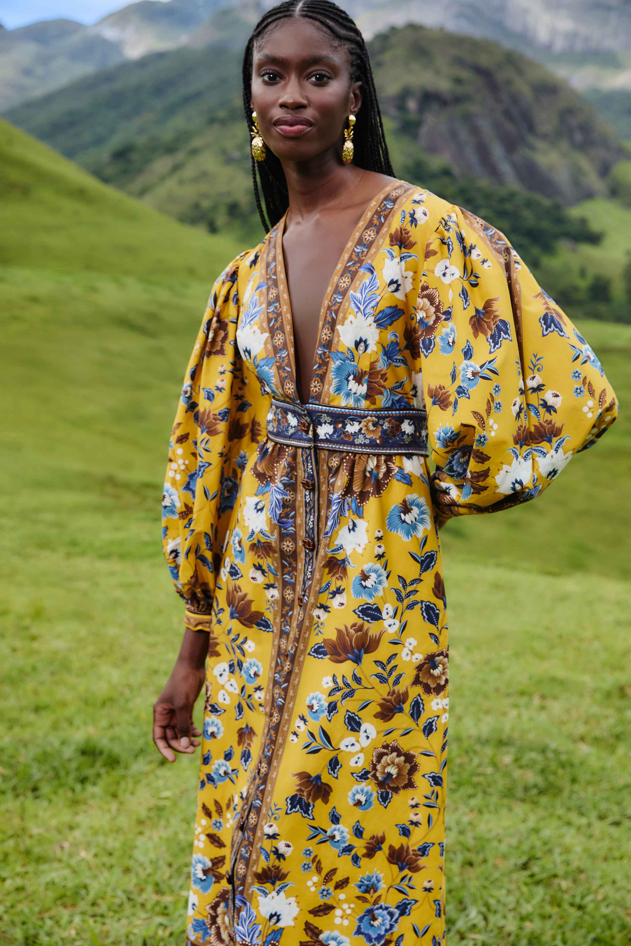 Yellow Flowering Garden Tree Organic Cotton Maxi Dress - Image 3