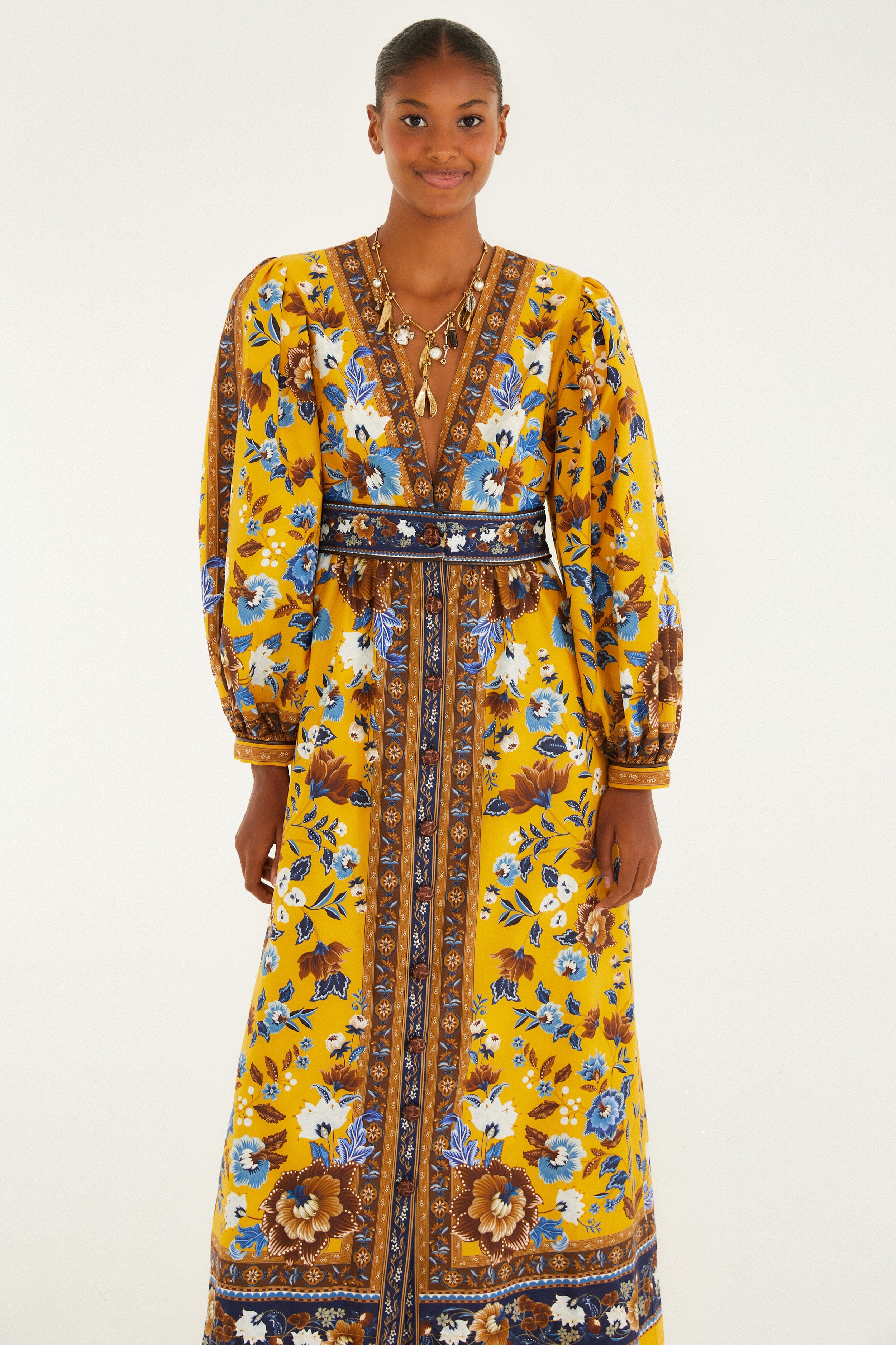 Yellow Flowering Garden Tree Organic Cotton Maxi Dress - Image 4