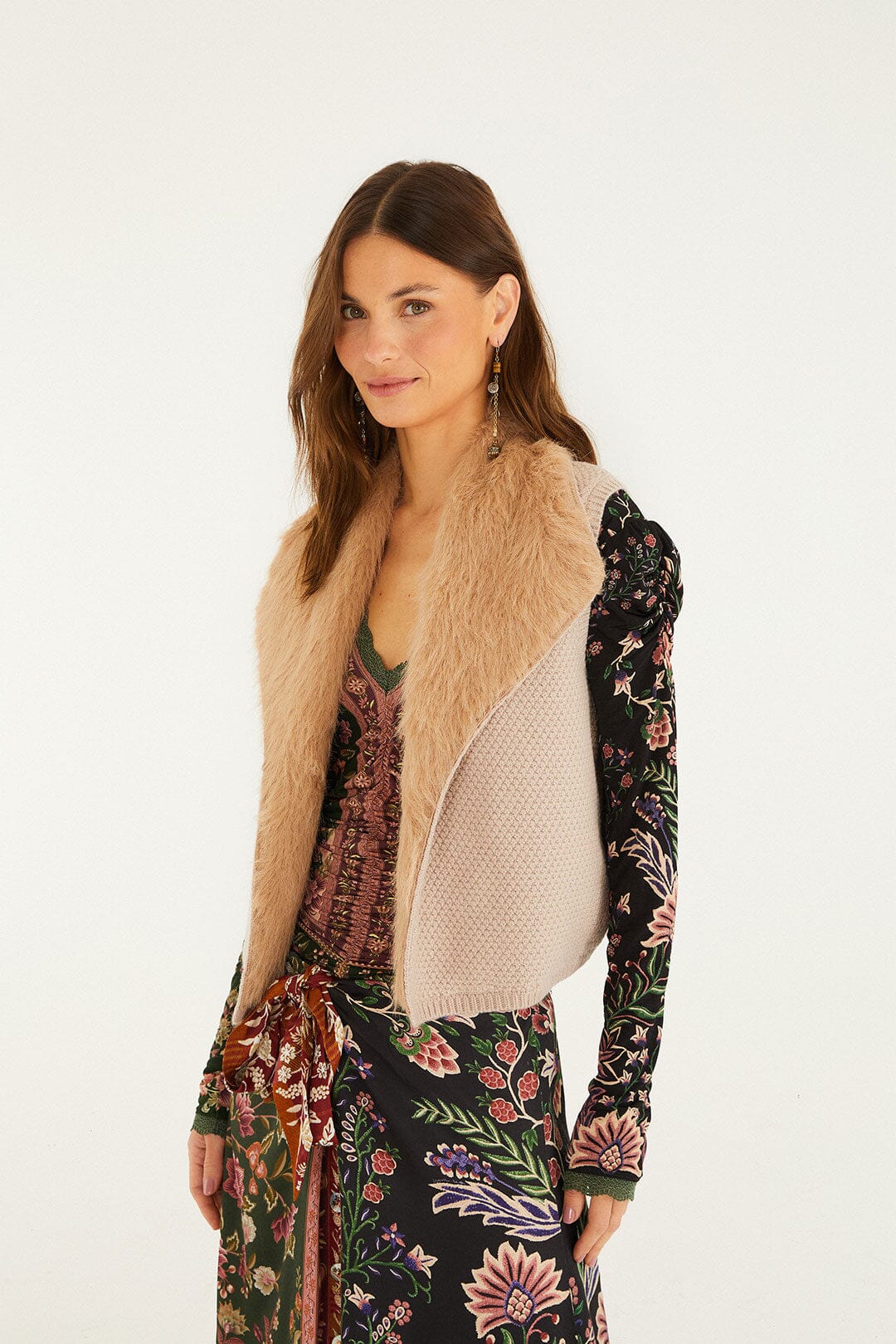 Beige Fur Sleeveless Knit Vest - Image 2