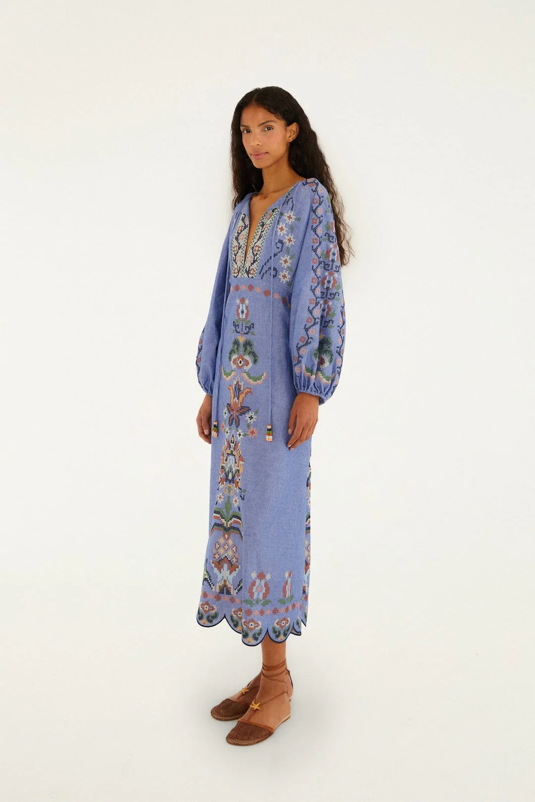 Blue Garden Tapestry Embroidered Long Sleeve Midi Dress - Image 5