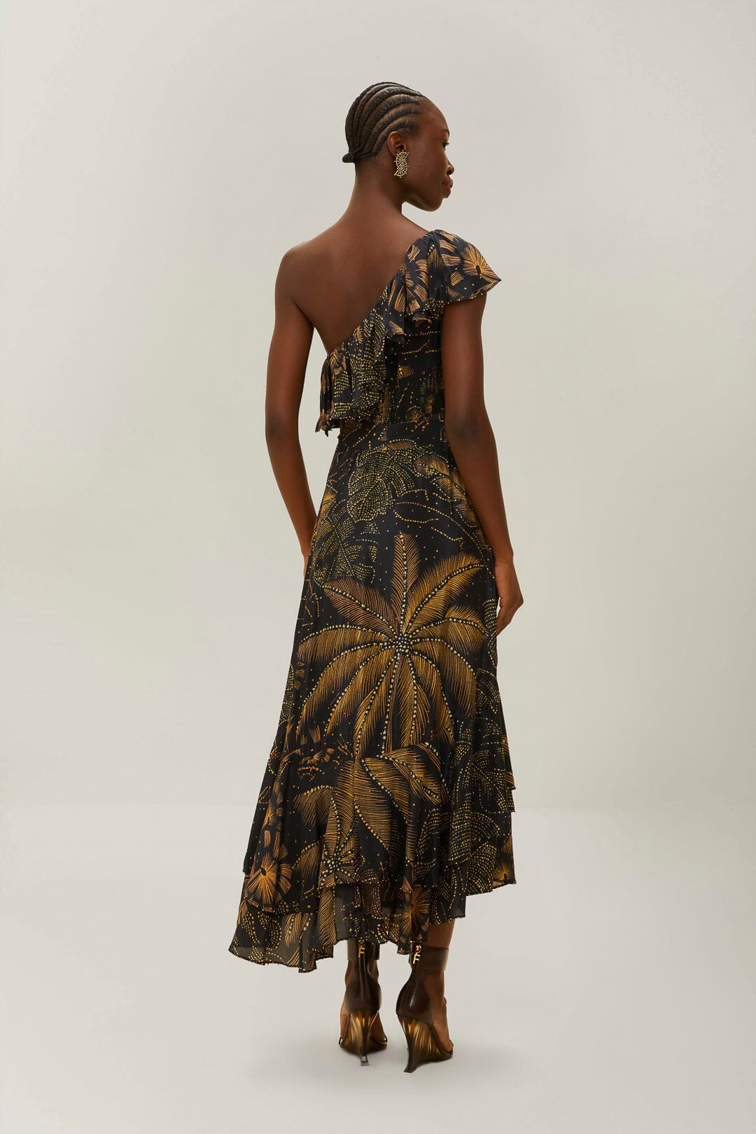 Black Golden Foliage One-Shoulder Maxi Dress - Image 3
