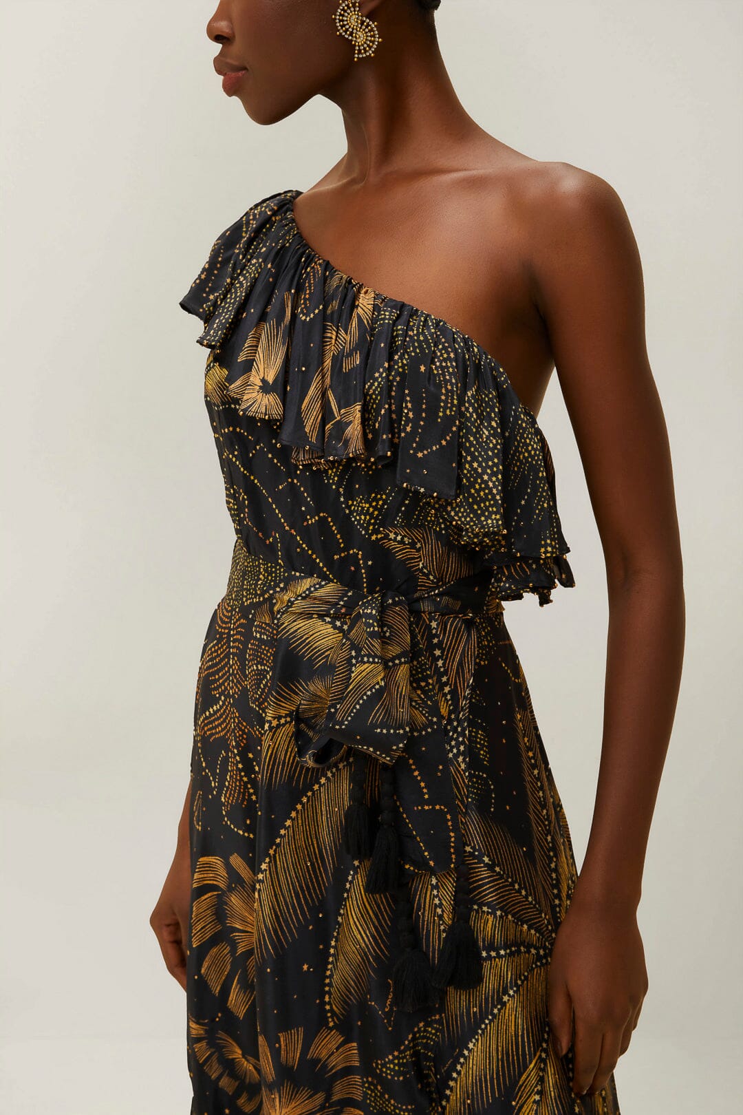 Black Golden Foliage One-Shoulder Maxi Dress - Image 4
