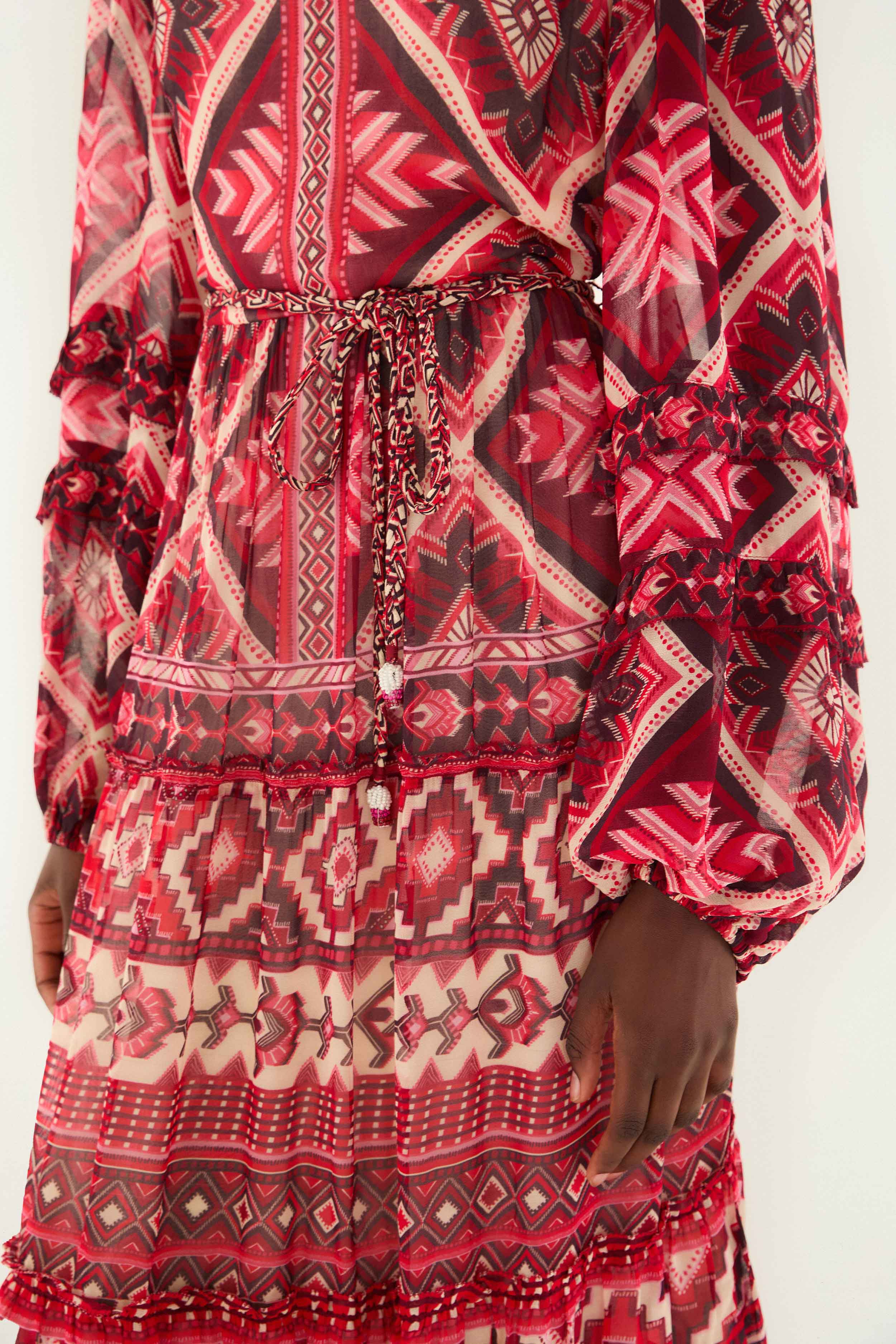 Red Graphic Ainika Belted Tiered Maxi Dress - Image 3