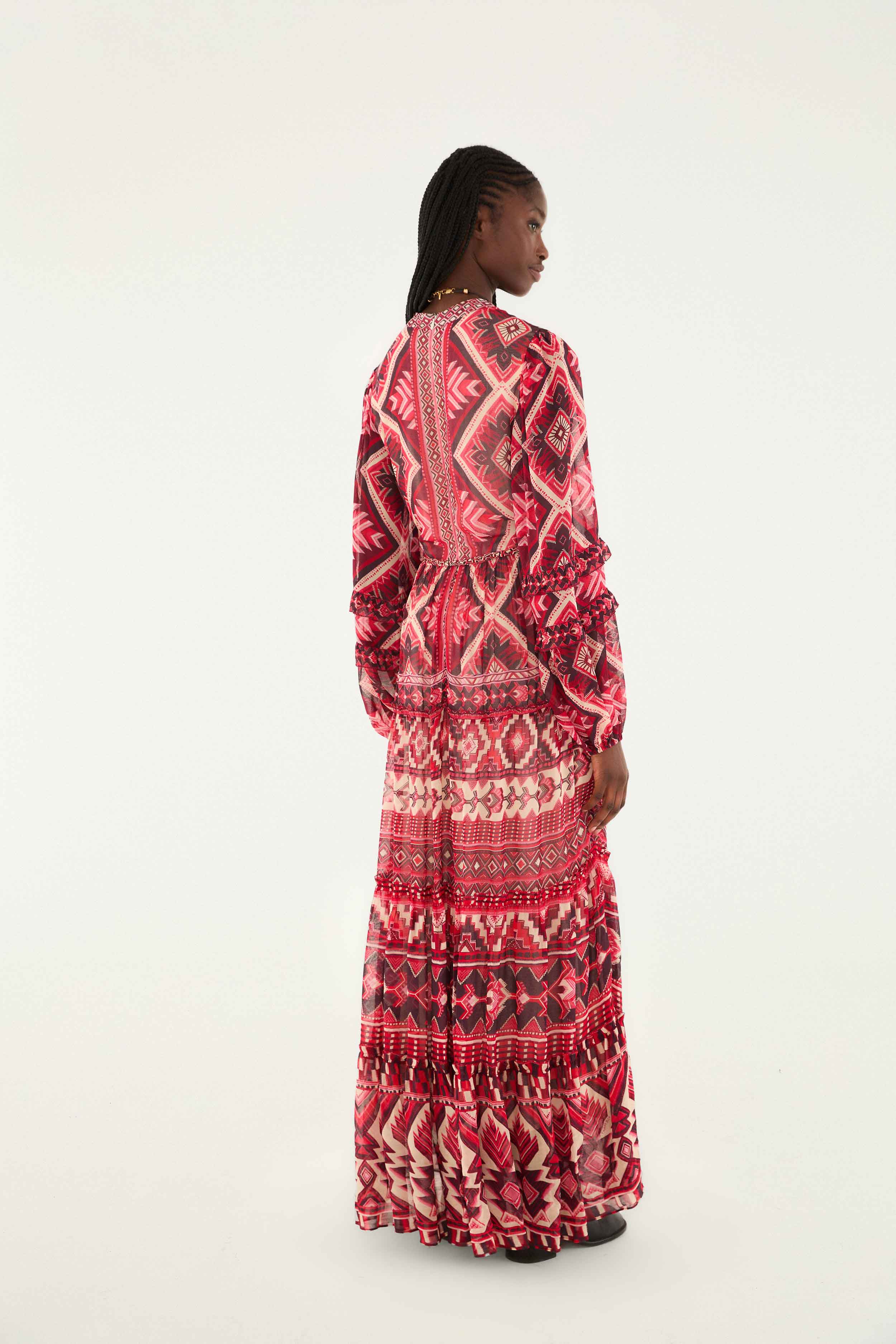 Red Graphic Ainika Belted Tiered Maxi Dress - Image 4