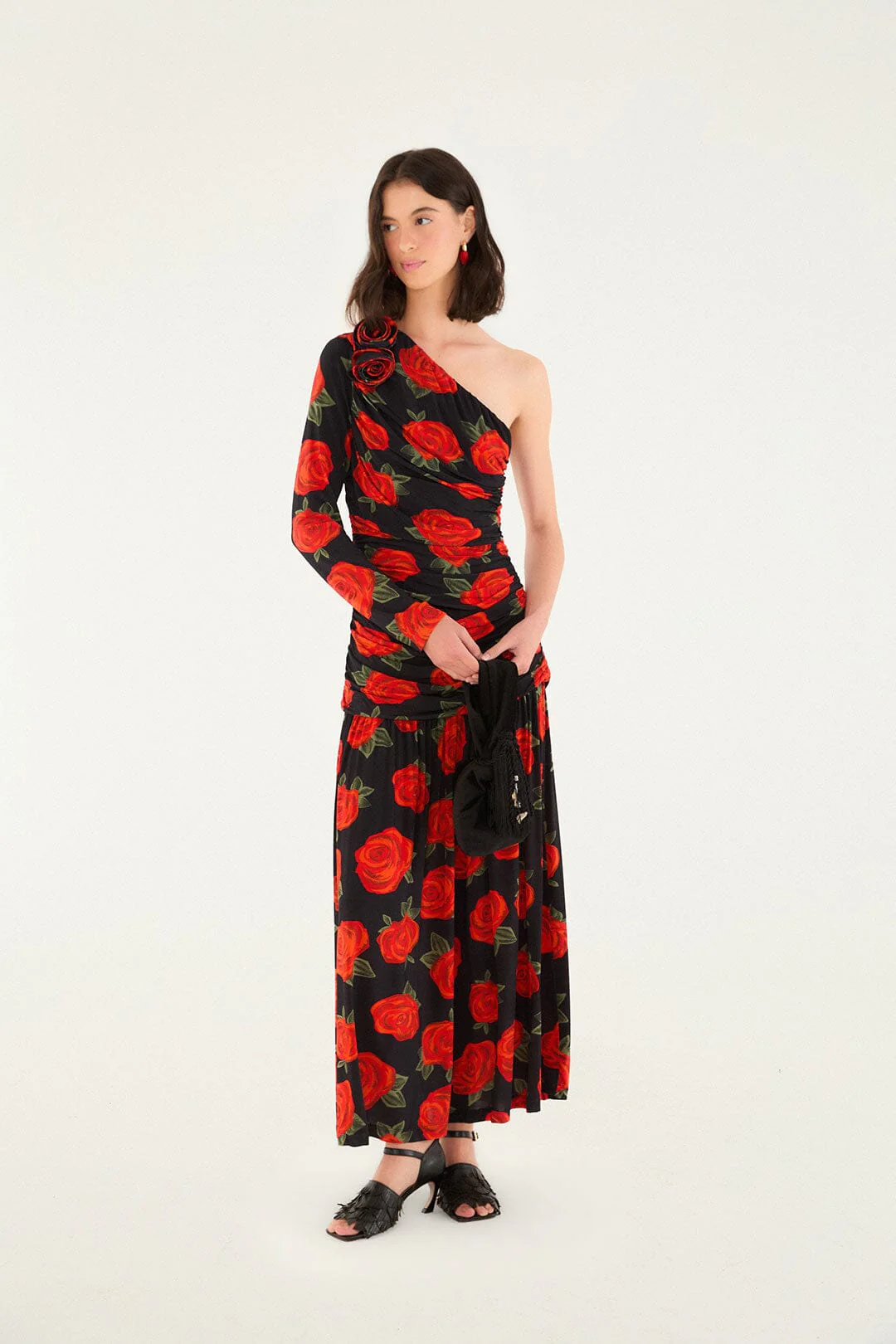 Black Latin Roses 3d Flower One-Shoulder Draped Maxi Dress - Image 3