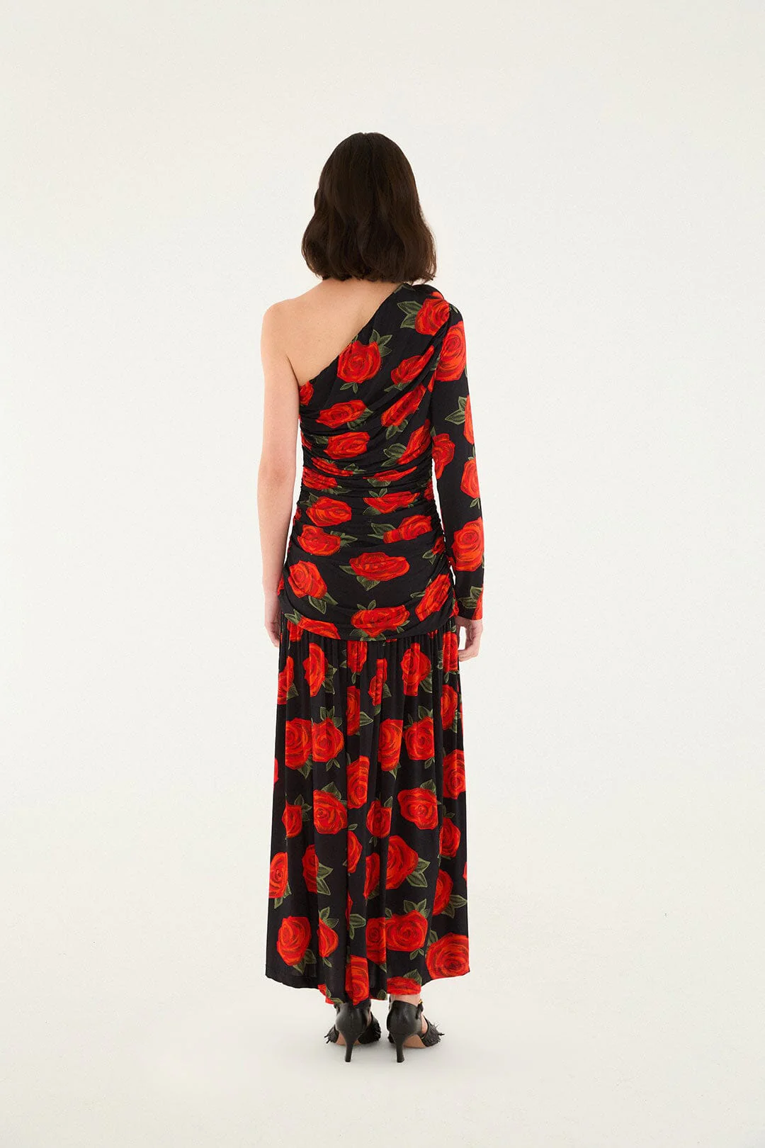 Black Latin Roses 3d Flower One-Shoulder Draped Maxi Dress - Image 4