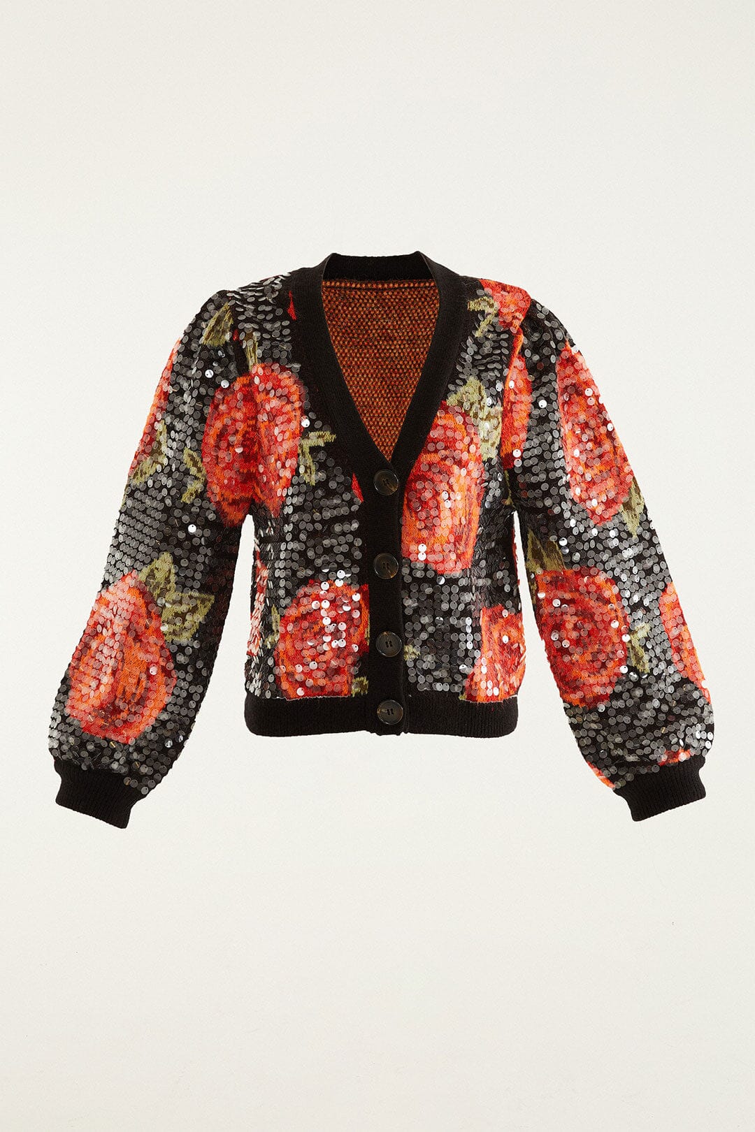 Black Latin Roses Buttoned Sequined Knit Cardigan - Image 6