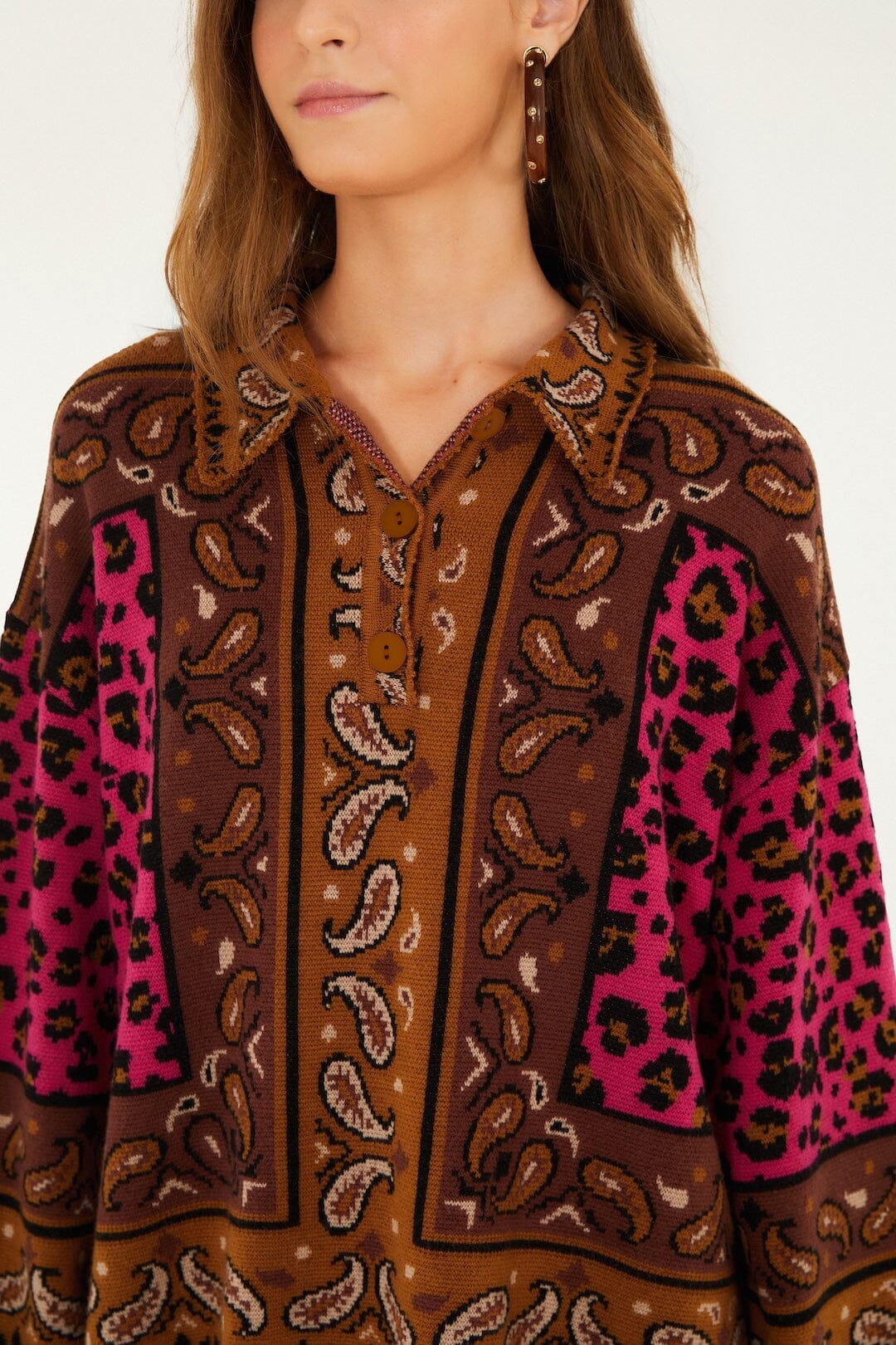 Brown Leopard Scarf Polo Knit Sweater - Image 2