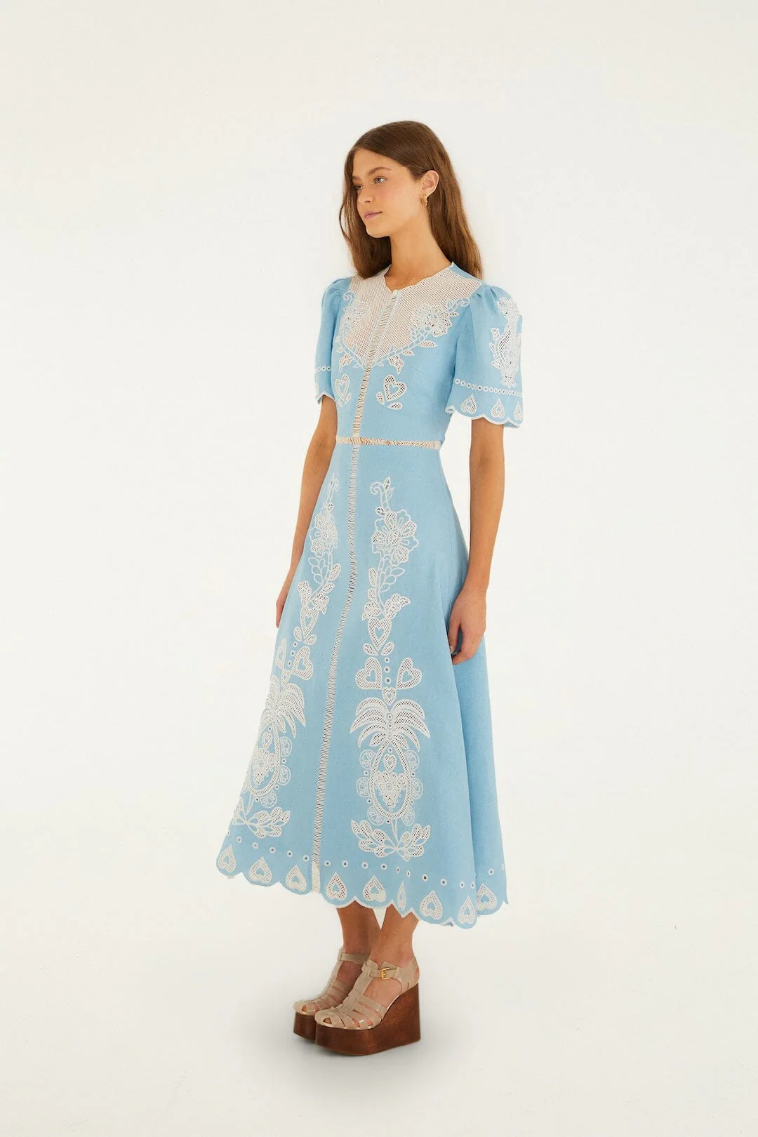 Light Blue Embroidered Euroflax™ Premium Linene Midi Dress - Image 5